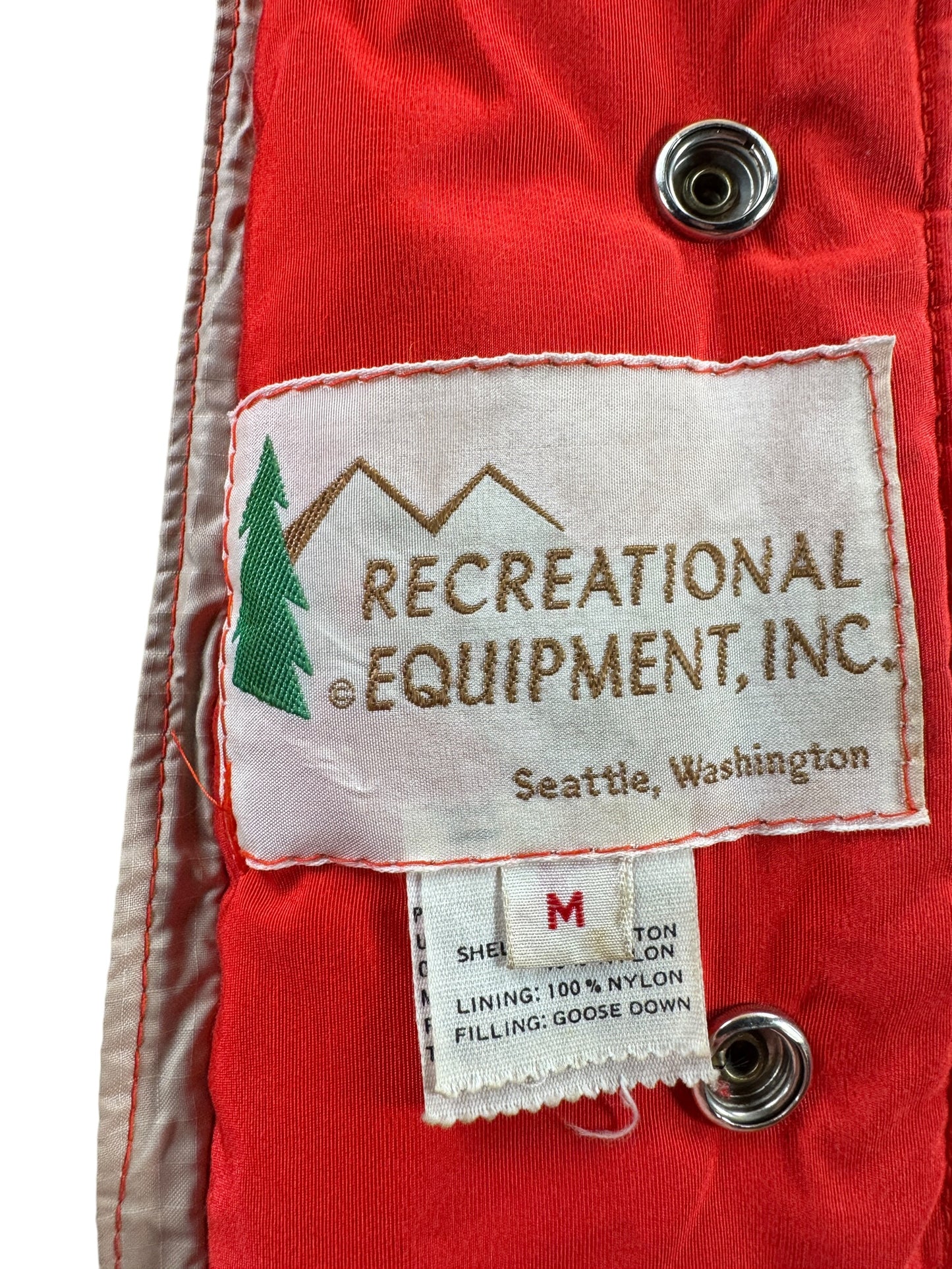 Label on Vintage Old Label REI Red Down Jacket with Hood SZ M