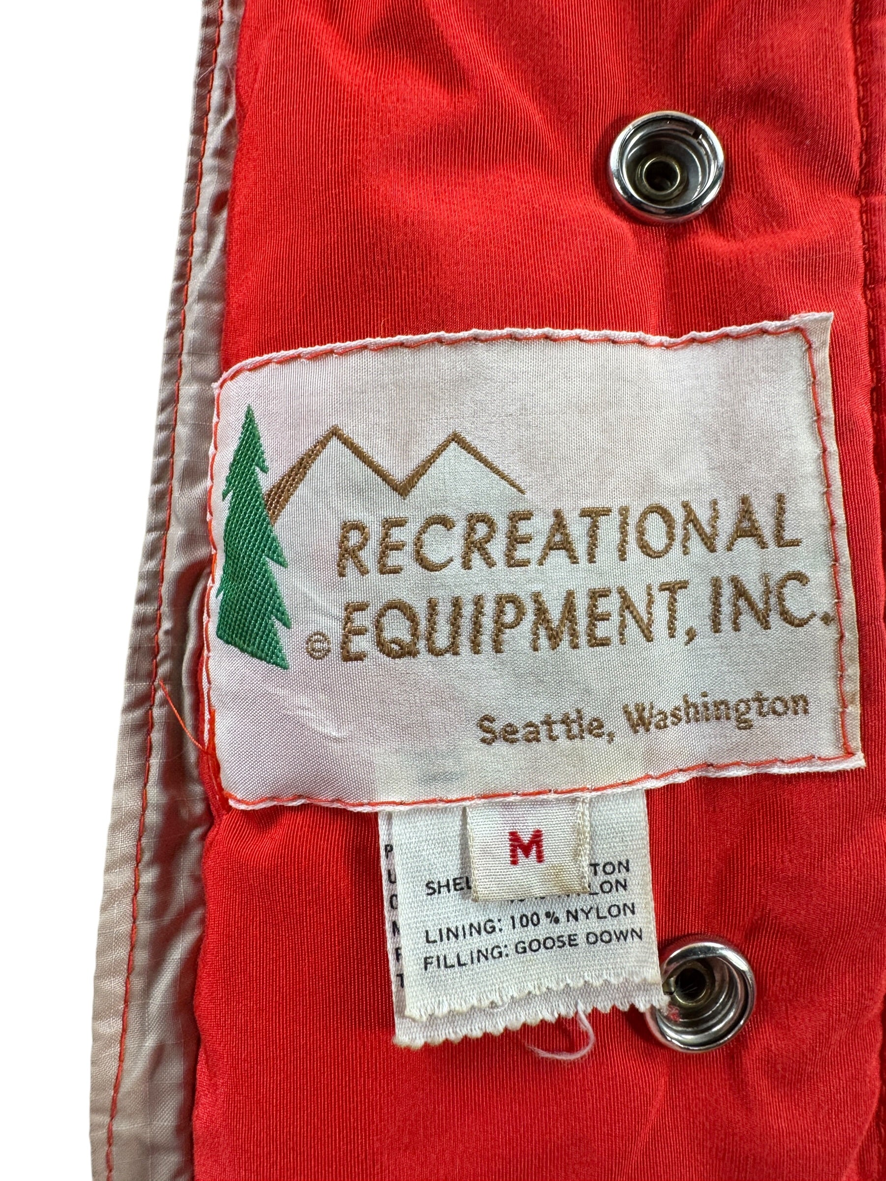 Label on Vintage Old Label REI Red Down Jacket with Hood SZ M