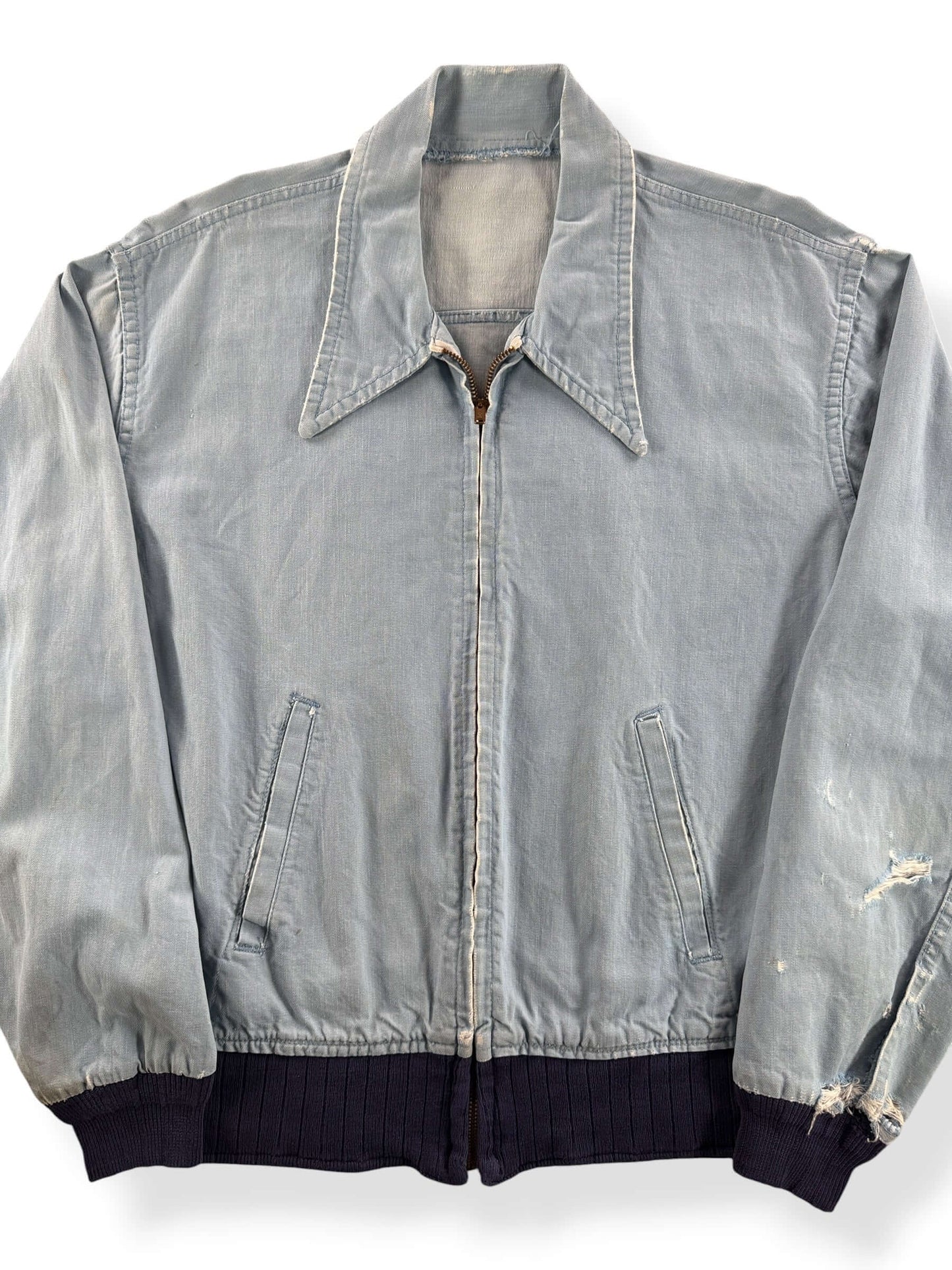 Front Close Up of Vintage 50s Chambray Ricky Style Jacket SZ L