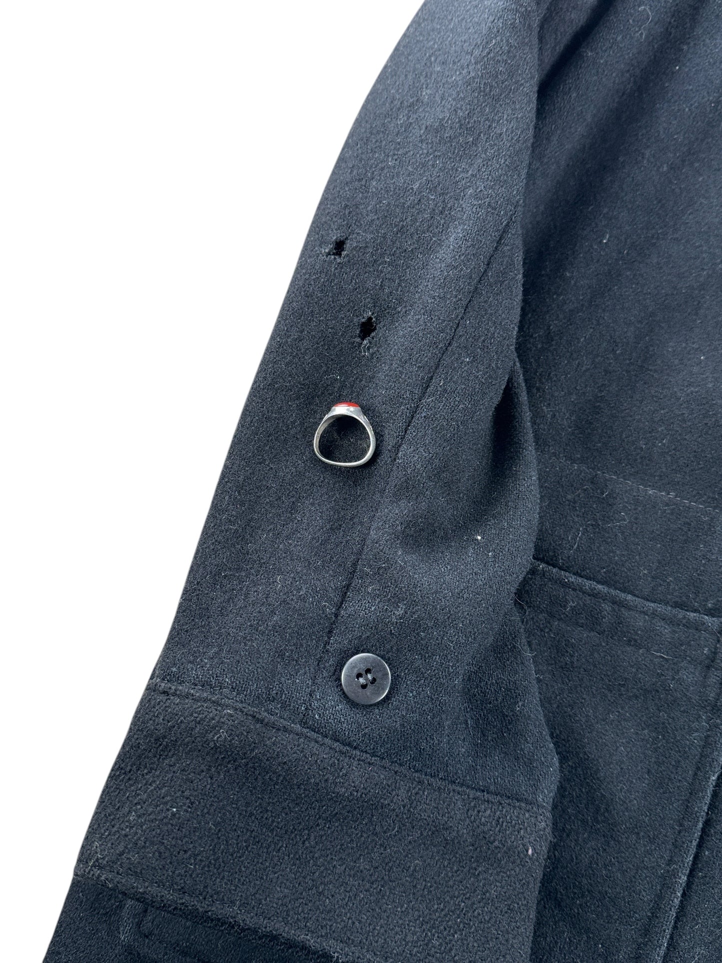 Holes on sleeves of Vintage Frederick And Nelson Black Wool Toggle Front Coat SZ XL