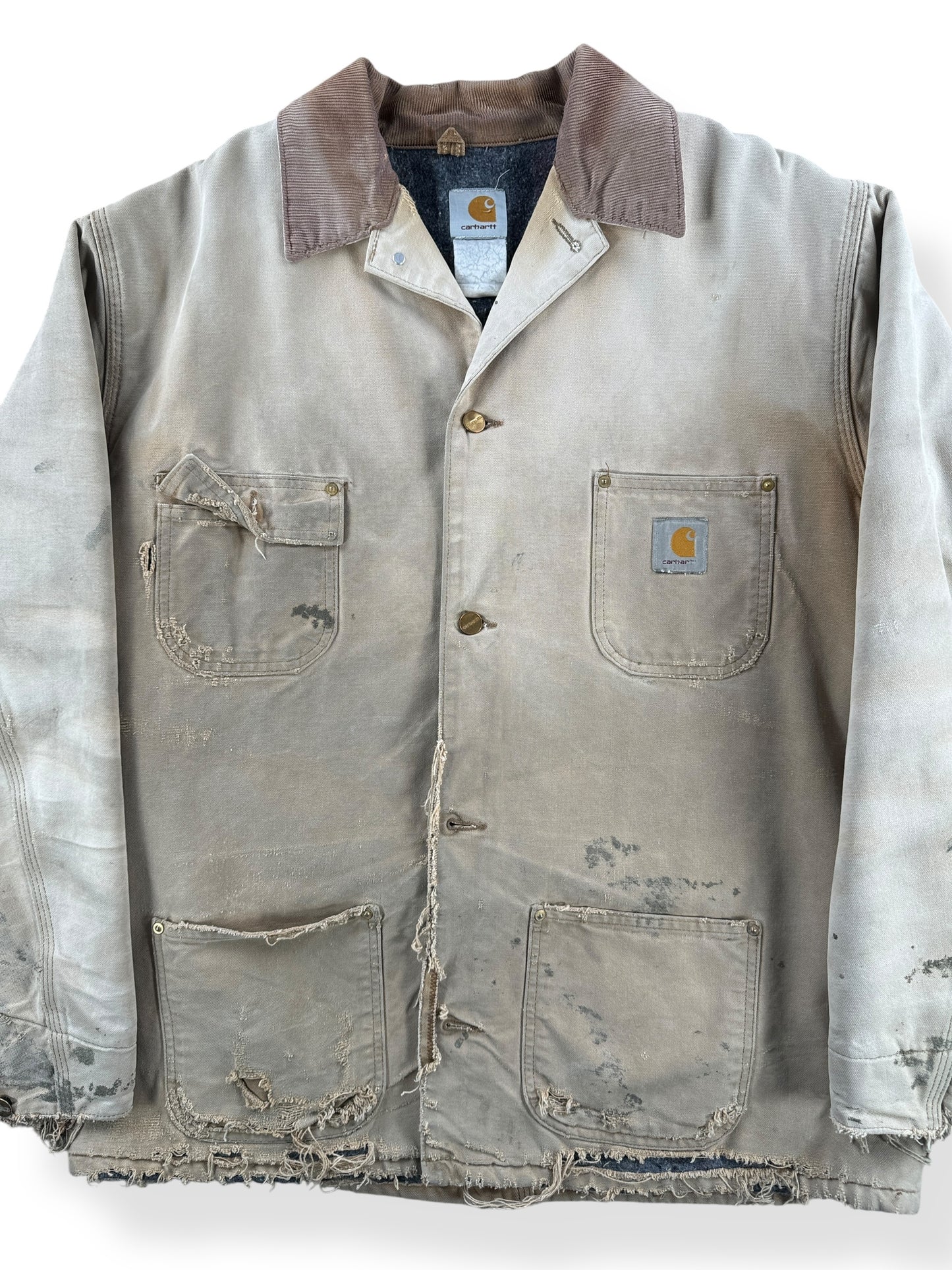 Front Close Up of Vintage Thrashed Blanket Lined Carhartt Chore Coat SZ XXL