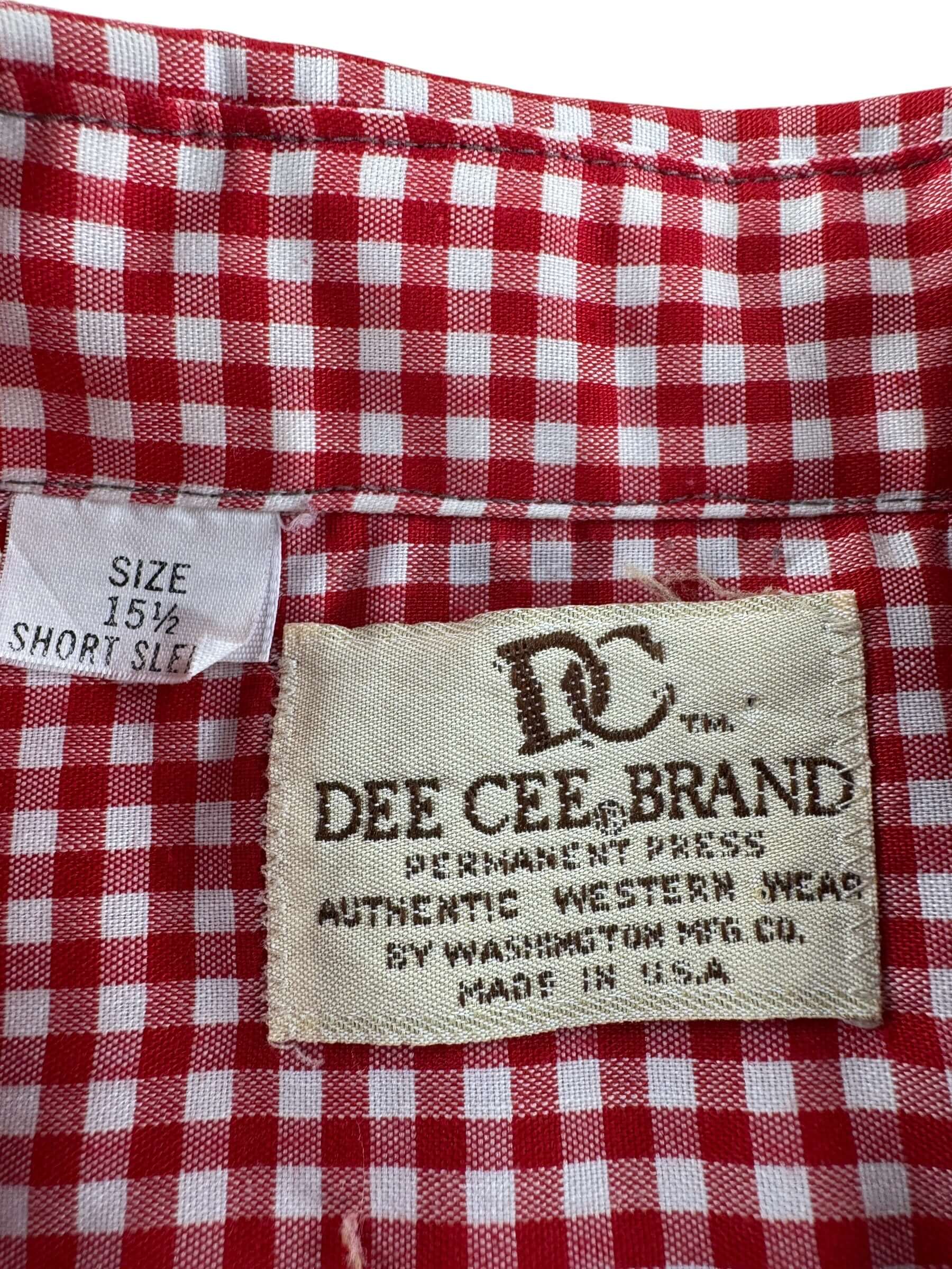 Label on Vintage Dee Cee Gingham Short Sleeve Pearl Snap SZ 15 1/2 (Fits M)
