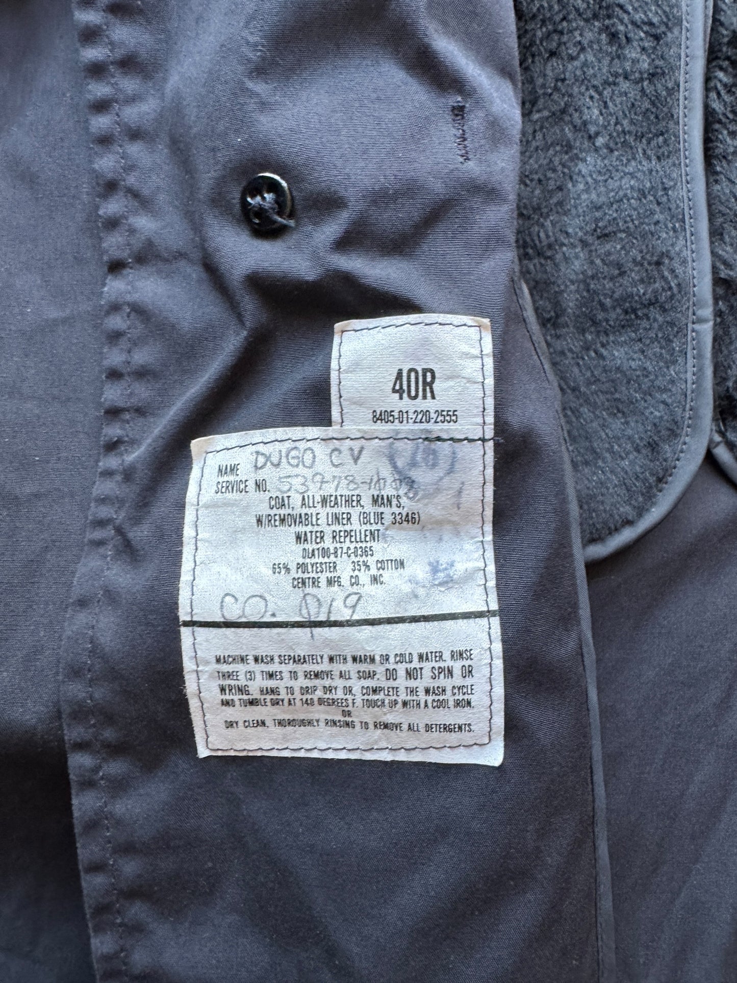Label on Vintage 80s Era Military Trench Coat W/ Liner SZ 40R