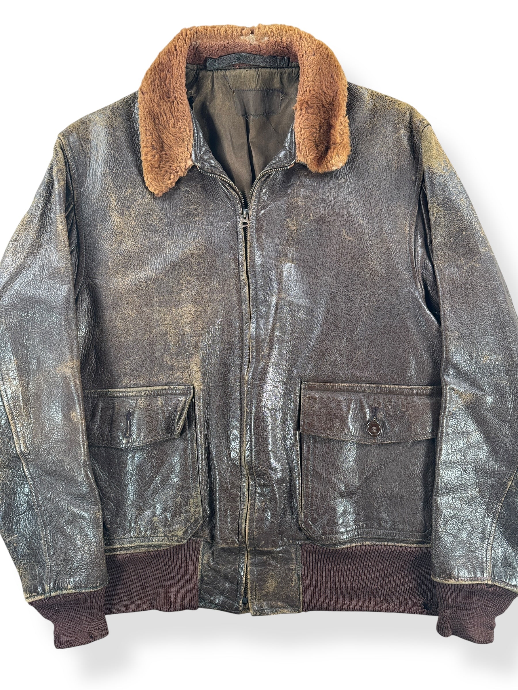 Front Close Up of Vintage USN G-1 Leather Jacket SZ L