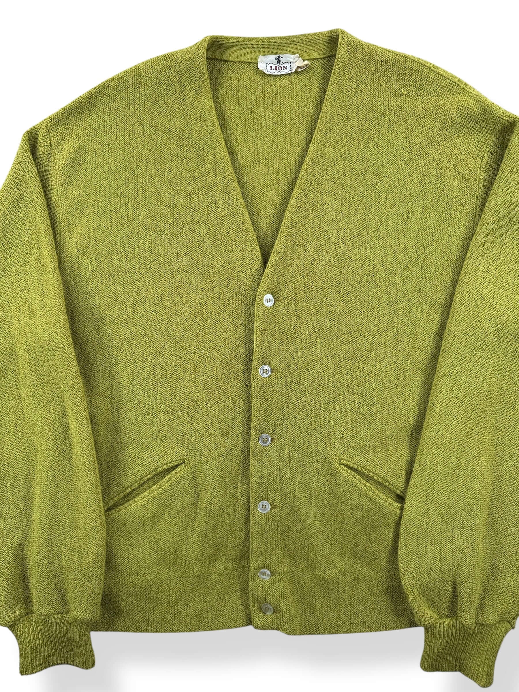 Front Close Up of Vintage Lion Brand Chartreuse Green Alpaca Cardigan SZ L