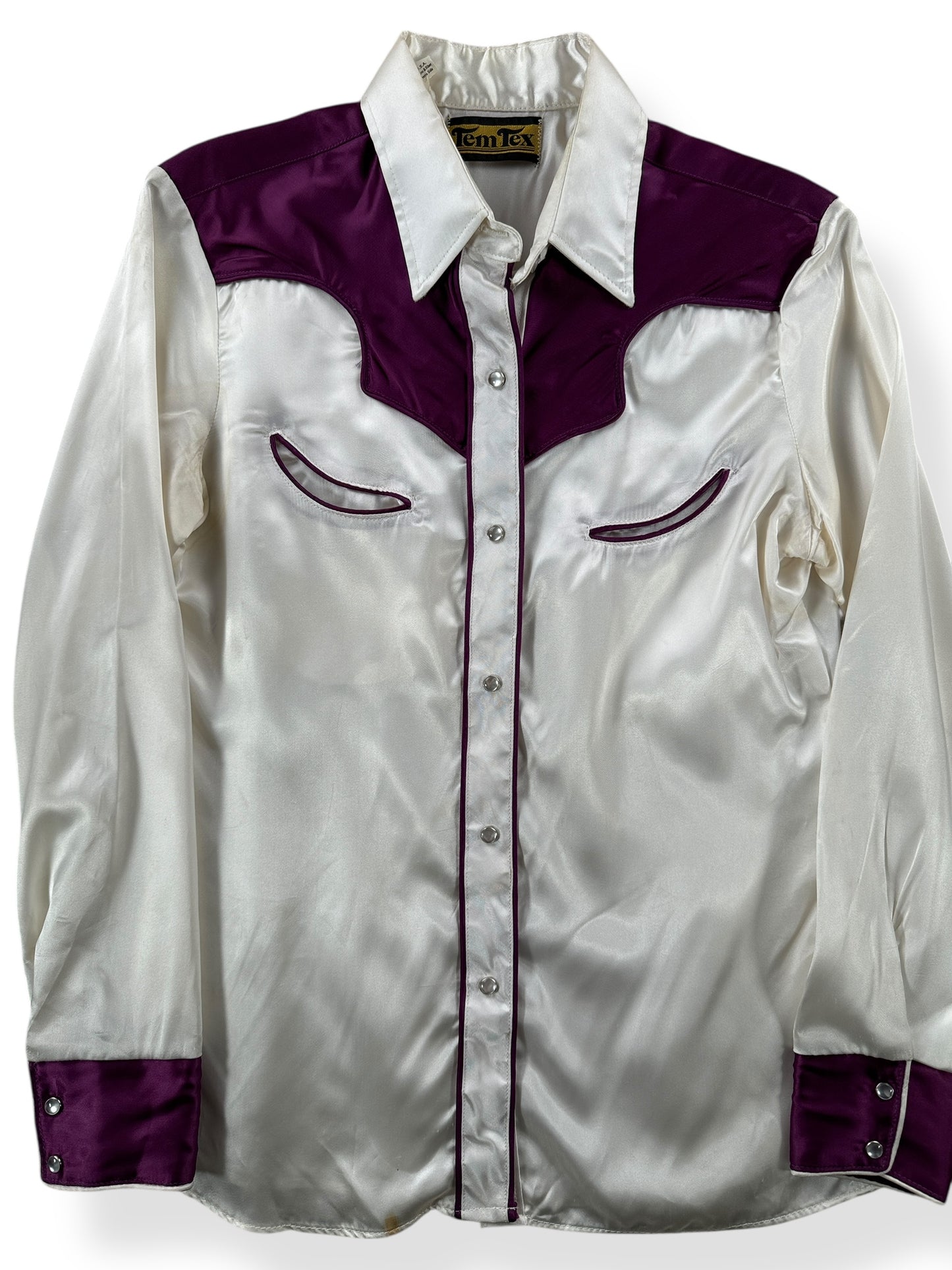 Front Close Up of Vintage Satin Tem Tex Two Tone Pearlsnap SZ S
