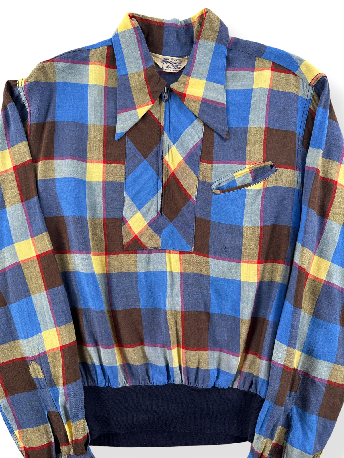 Close-up of Vintage 50s Pilgrim Plaid Rayon Gaucho Shirt SZ M