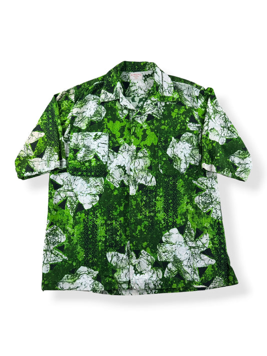Front of Vintage Green Barkcloth Aloha Shirt SZ S/M - AS IS