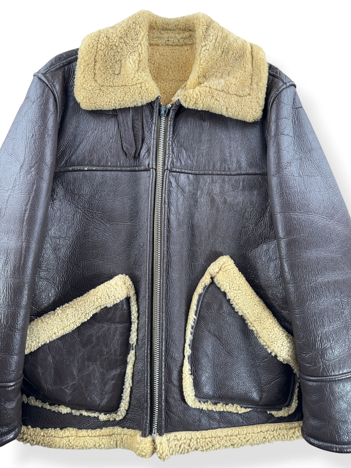 Close-up of Vintage 40s/50s Military B-3 Style Leather Jacket SZ M - AS IS