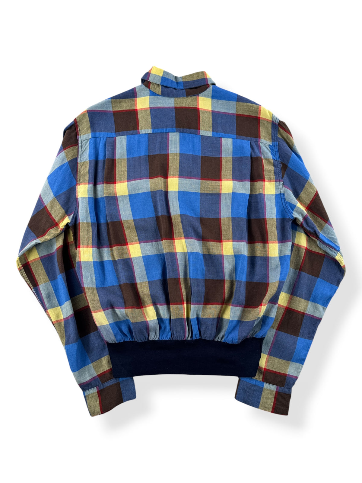 Back of Vintage 50s Pilgrim Plaid Rayon Gaucho Shirt SZ M