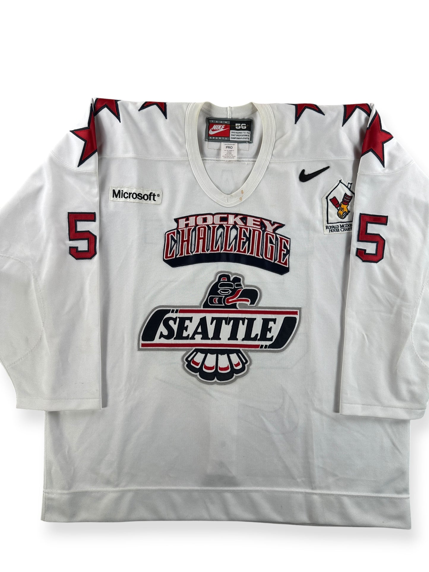 Front Close Up of Vintage White 2000s Seattle Thunderbirds Hockey Challenge Game Worn Jersey SZ 56