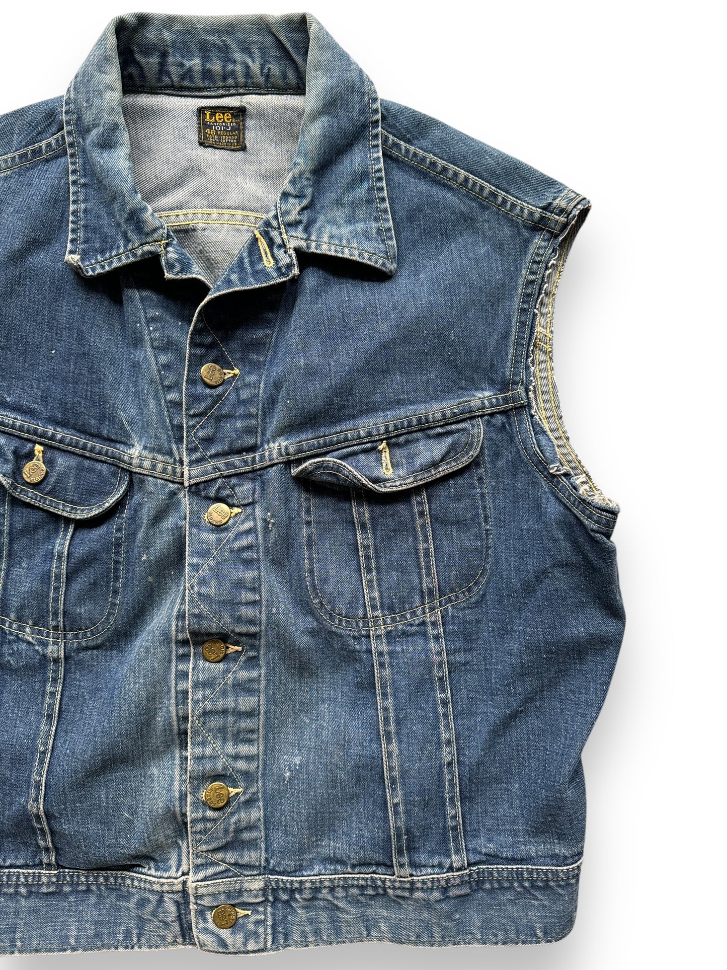 front left of Vintage Lee 101-J Denim Vest SZ 48