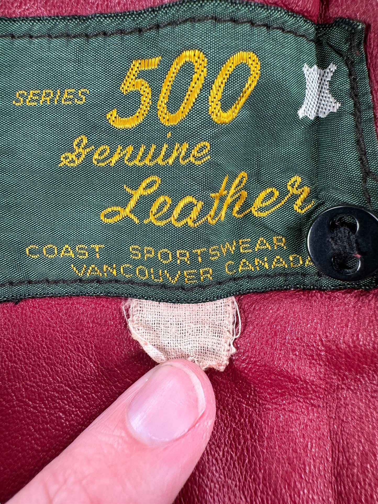Label on Vintage Womens 70s Series 500 Red Leather Trench Coat SZ L