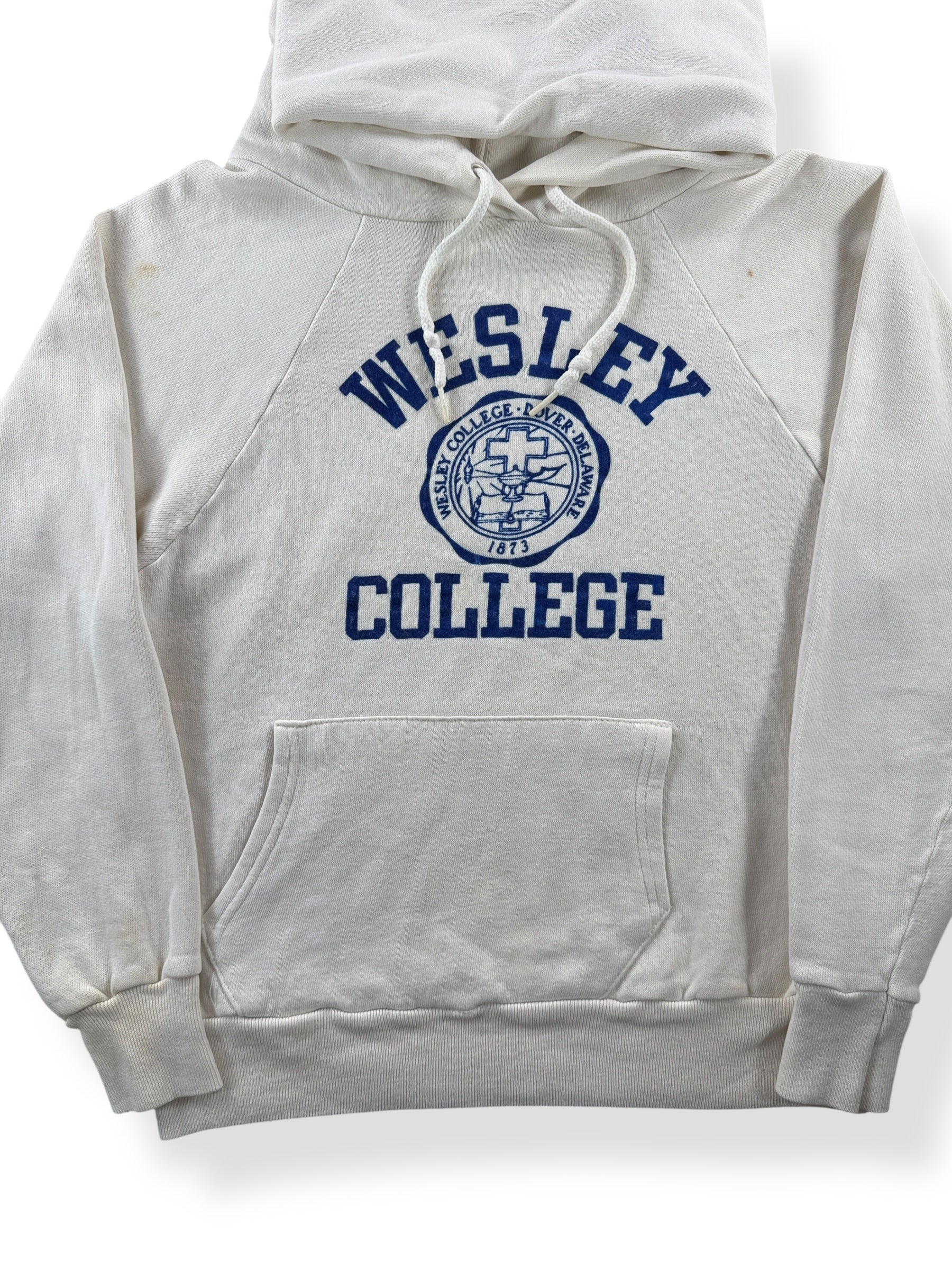 Front Close Up of Vintage Wesley College Flocked Hoodie SZ S (Fits XS)