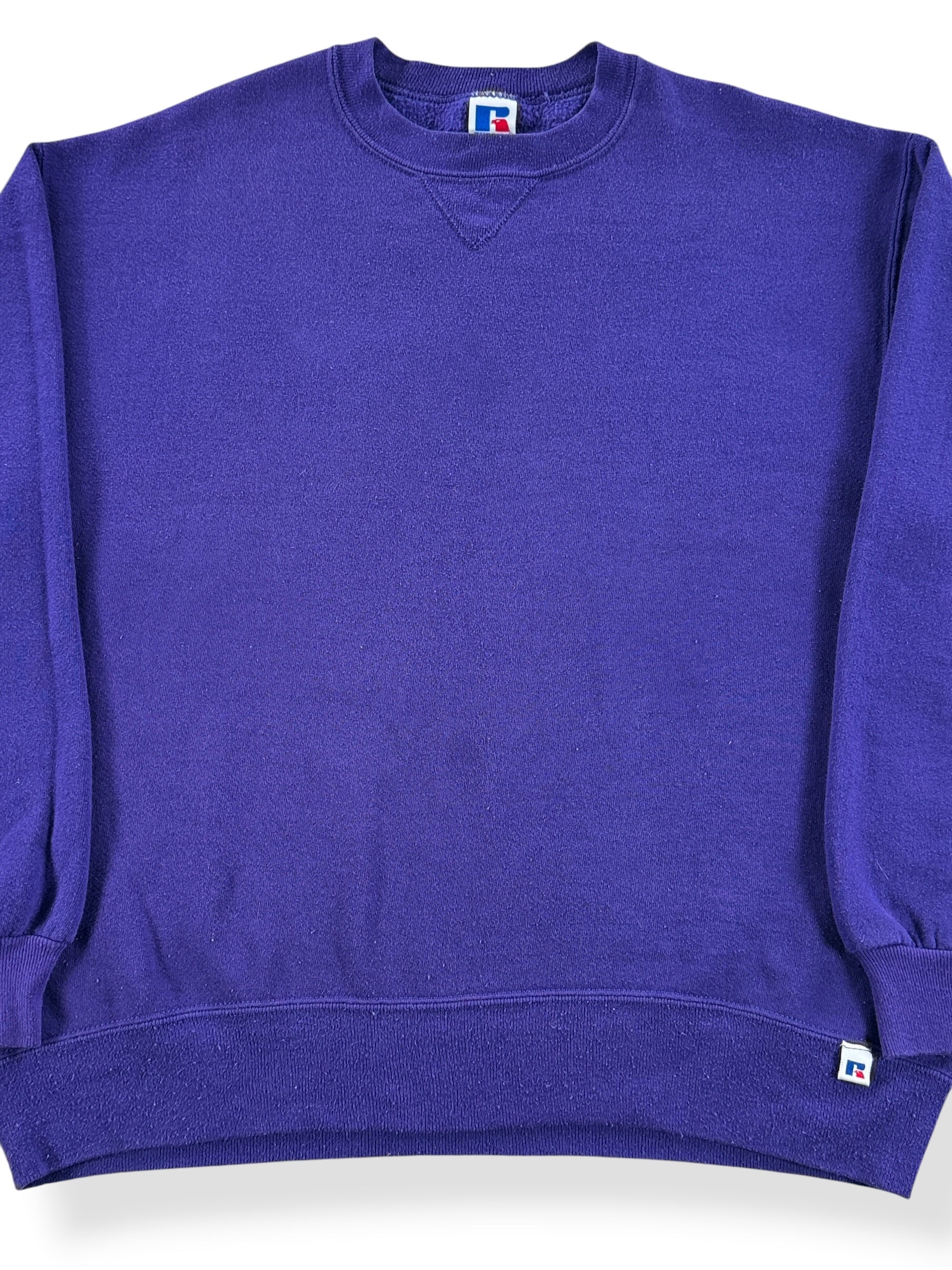 Front Close Up of Vintage Purple Russell Blank Crewneck SZ XL (Fits L)