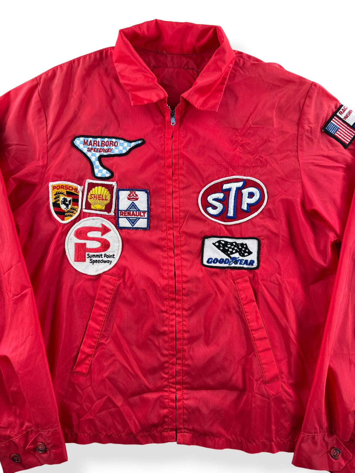 Close-up of Vintage 60s/70s Racing Patch Windbreaker Jacket SZ S