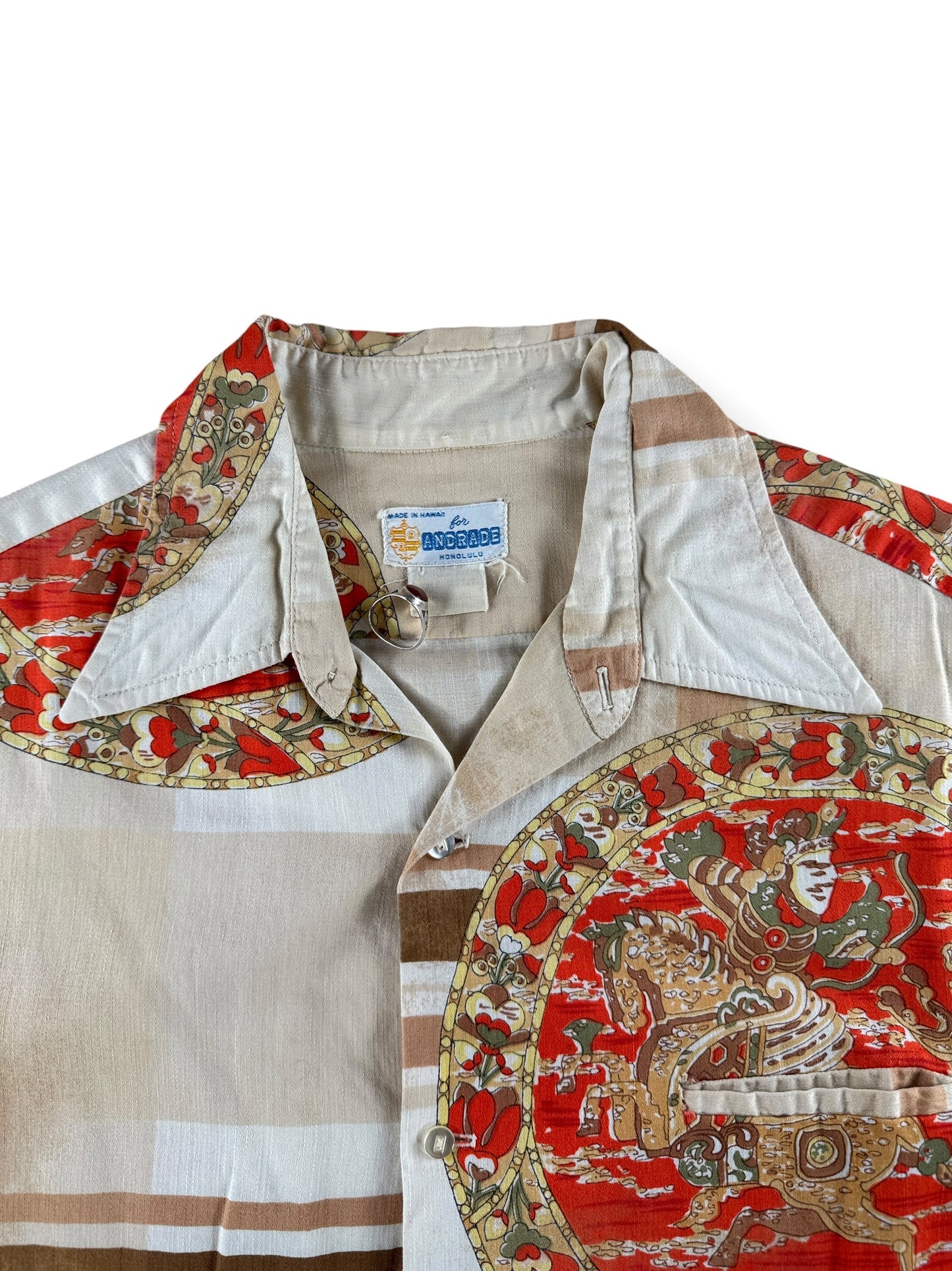 Collar on Vintage Andrade Warrior God Motif Aloha Shirt SZ L