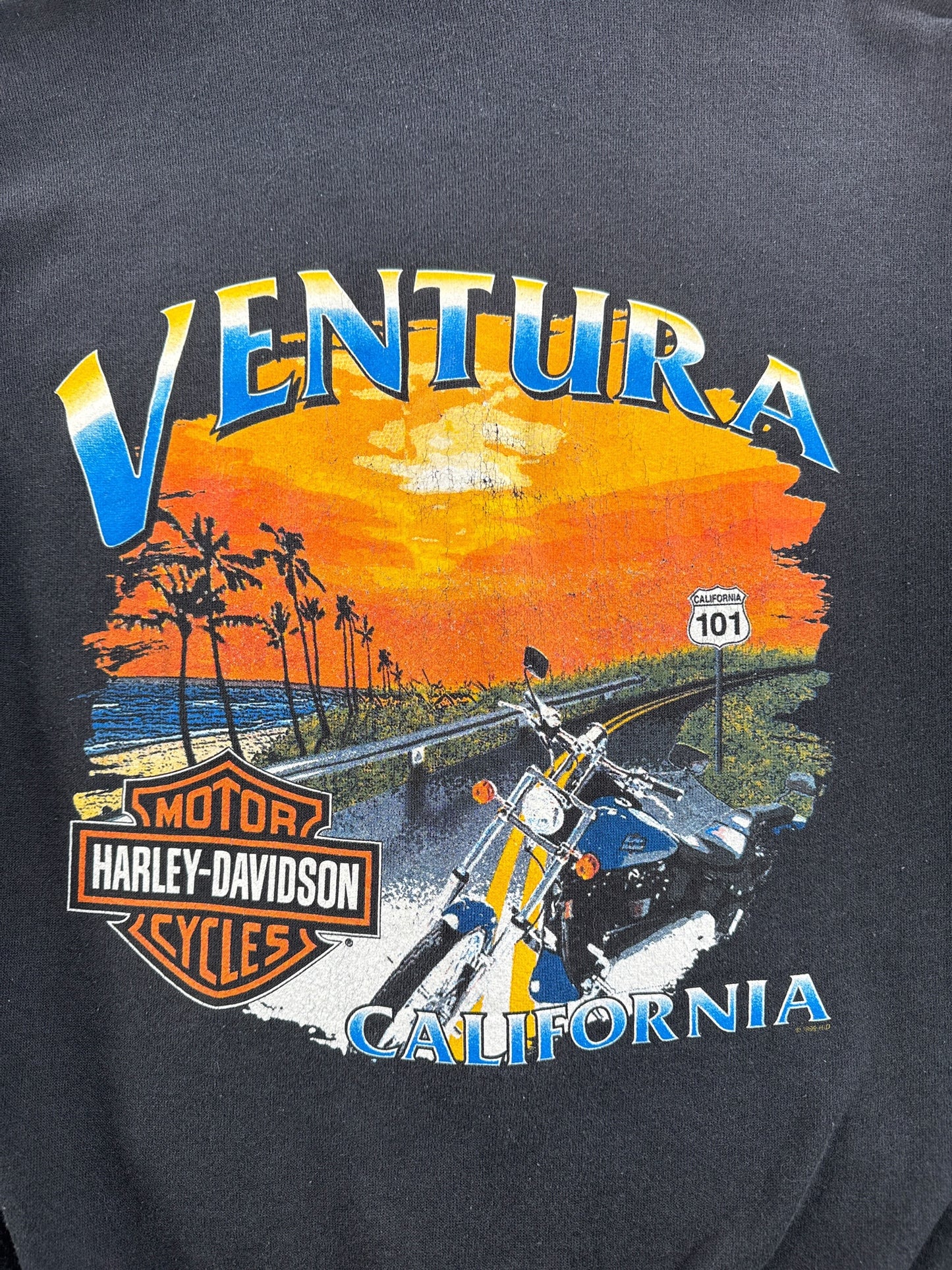 Back Graphic of Vintage 1989 Ventura Harley Hoodie SZ M (Fits S)