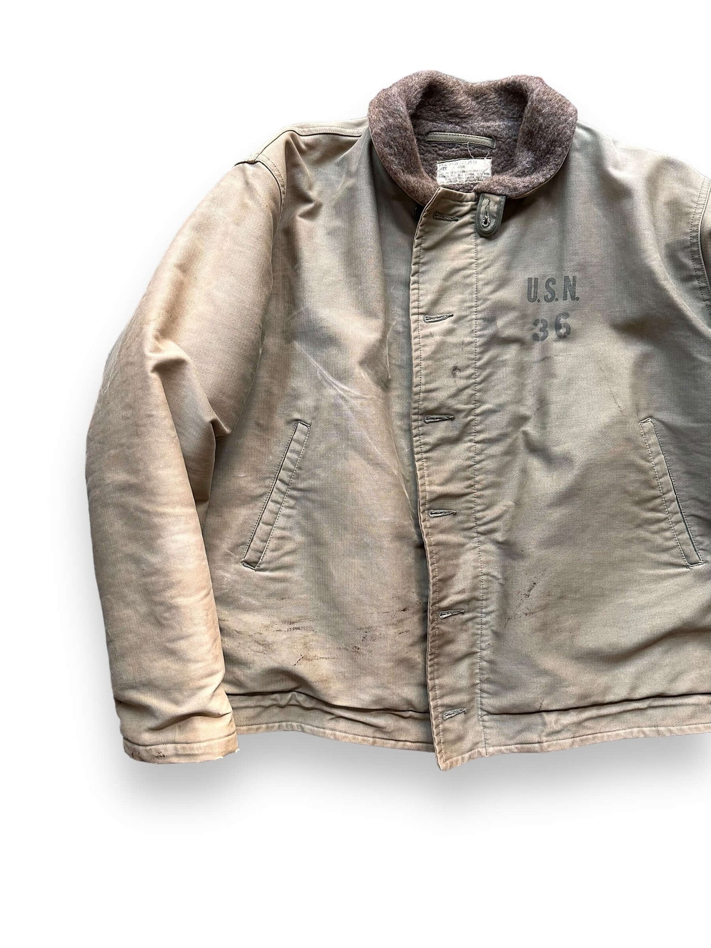 Front Right View of Vintage 1961 USN N-1 Deck Jacket SZ 46 |  Vintage Military N1 Deck Jacket Seattle |  Barn Owl Vintage Seattle