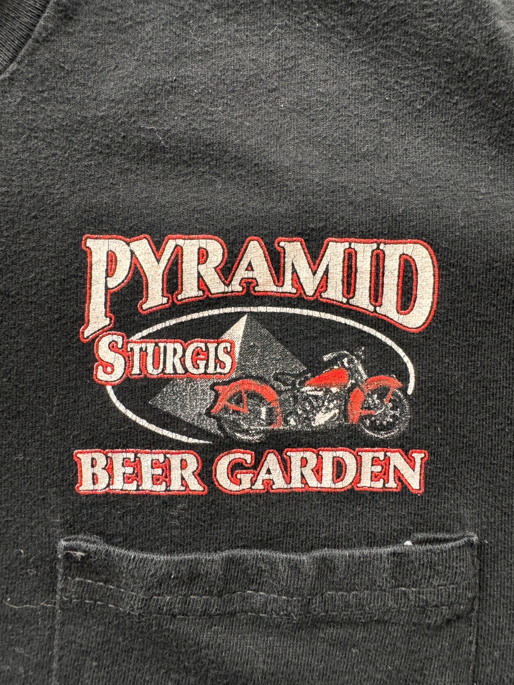 front graphic of Vintage Sturgis Pyramid Beer Garden Pocket Tee SZ M