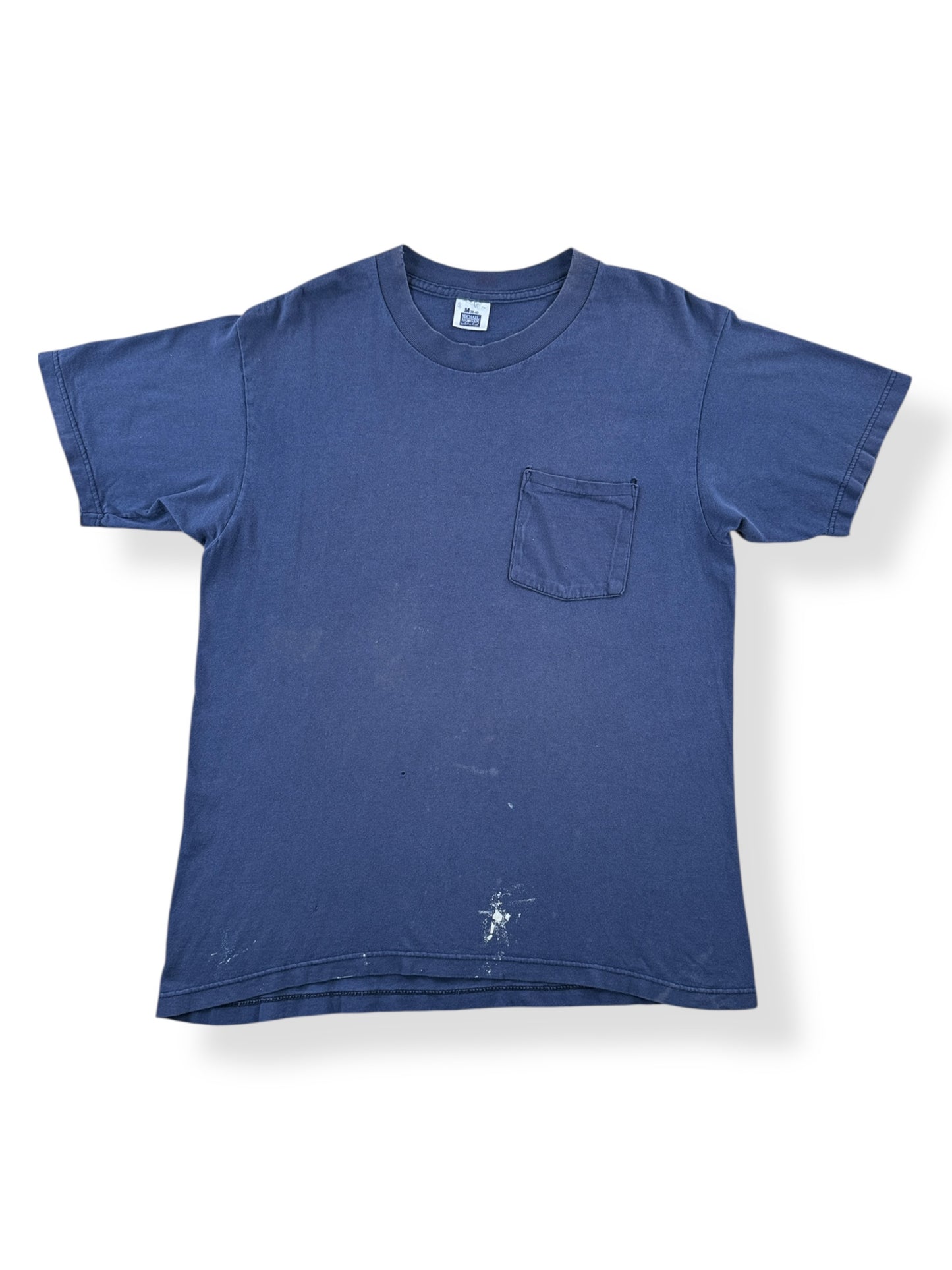 Front of Vintage Michael Morgan 100% Cotton Dark Blue Pocket Painter Tee SZ M