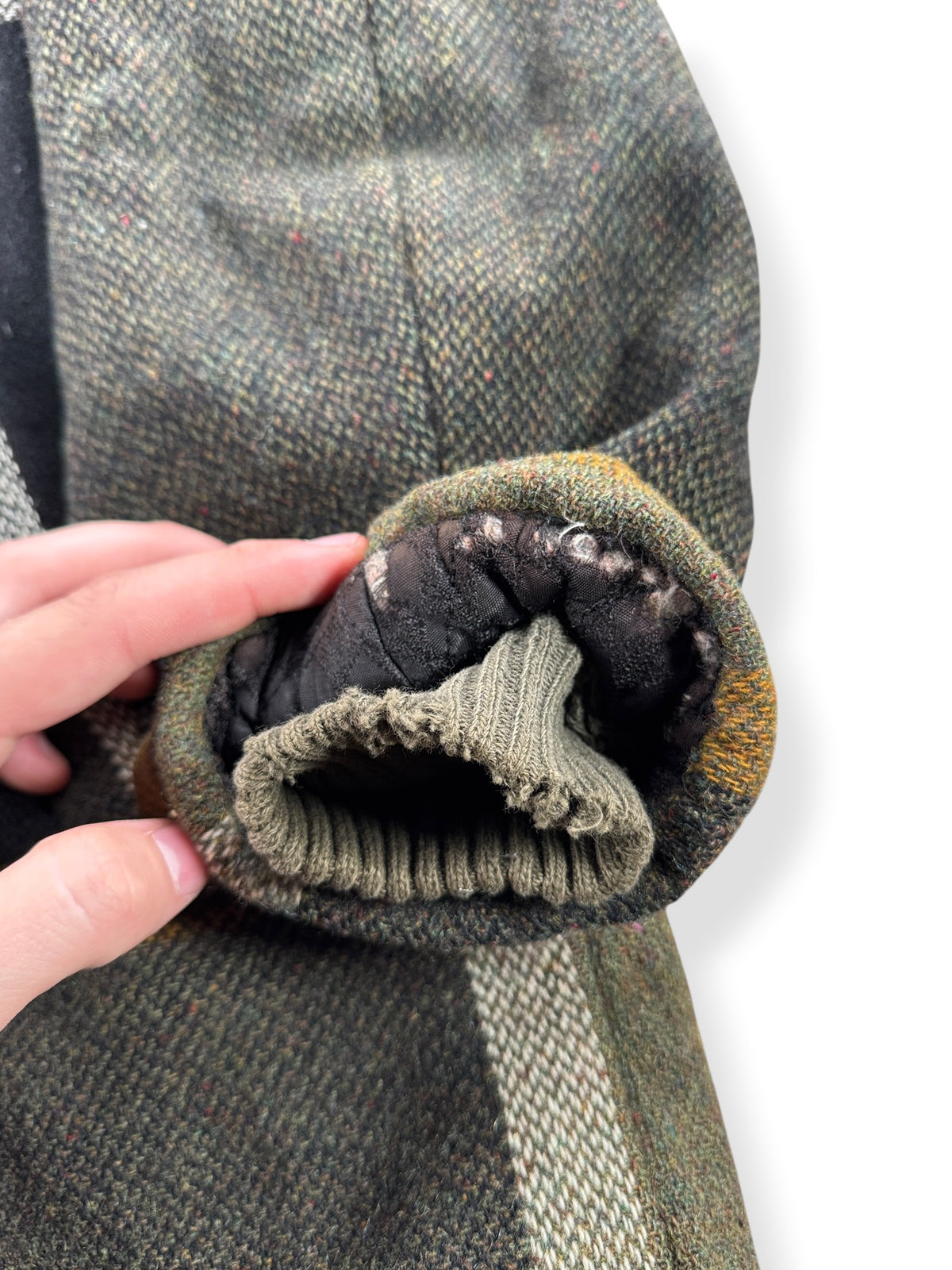 Ware on cuff of Vintage 60s/70s Fleece Lined Wool Jacket SZ L