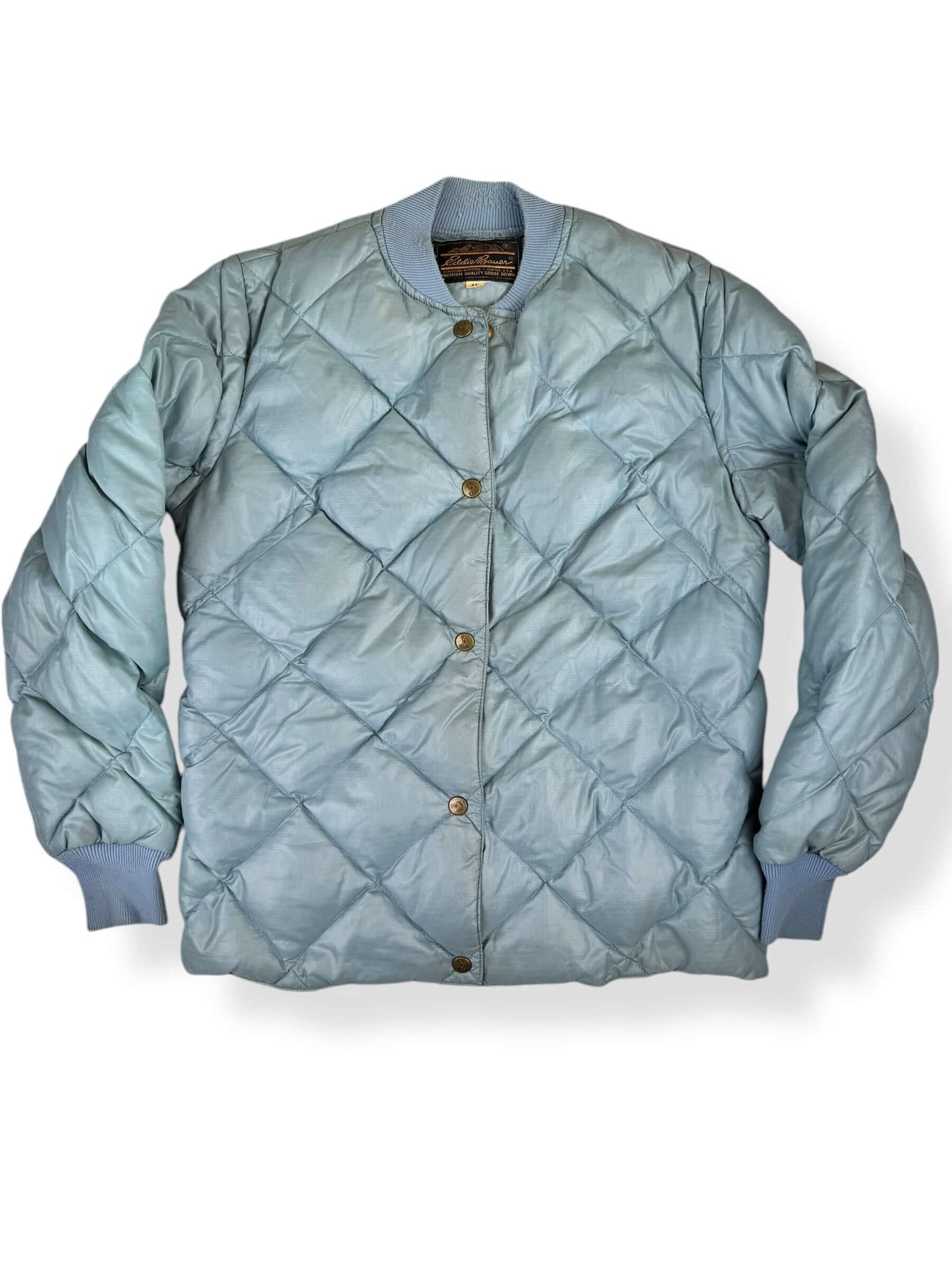 Front view of 80s Eddie Bauer Pale Blue Quilted Puffer Jacket M