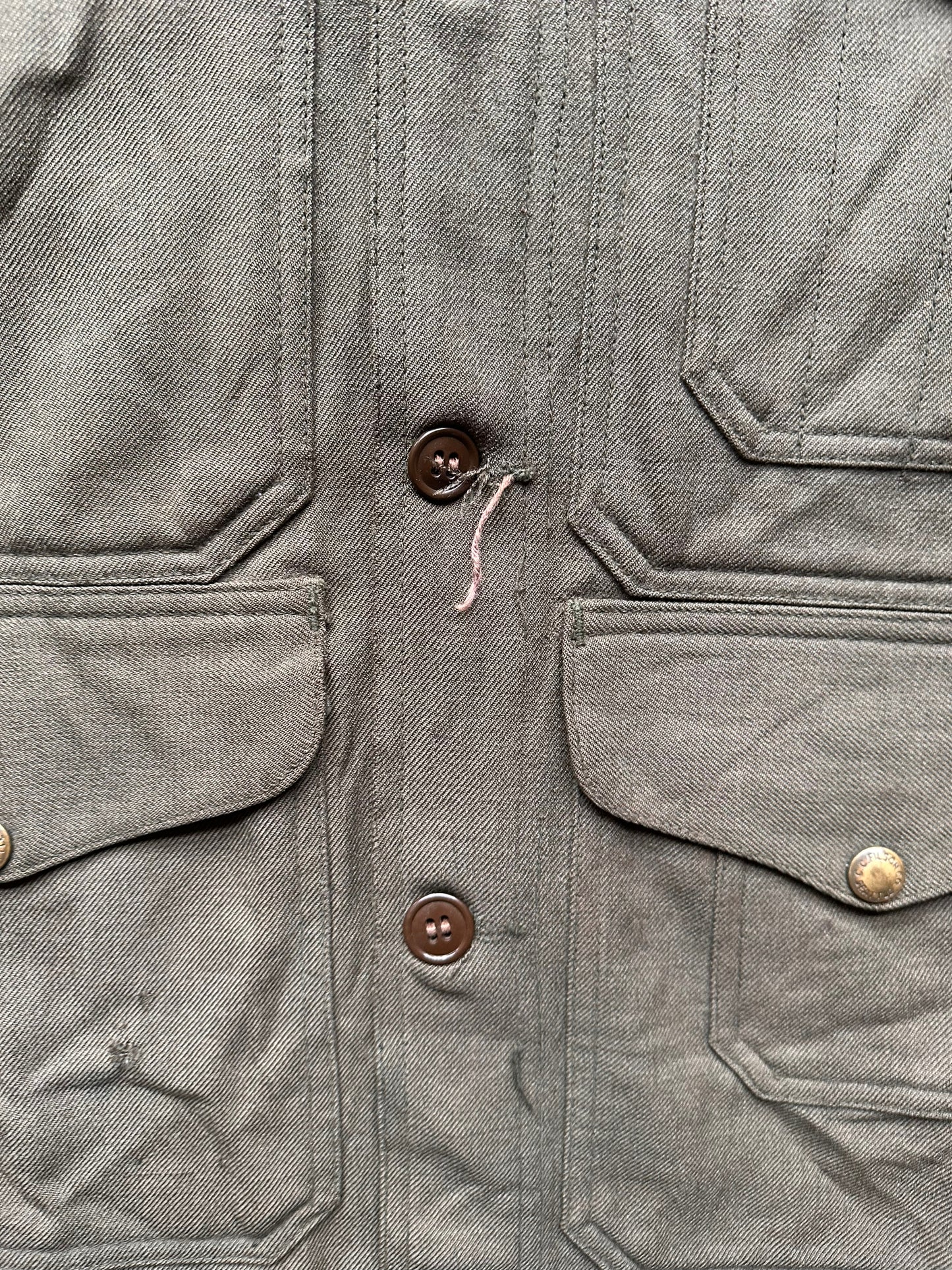Worn Buttonhole of Vintage 60s Filson Union Made Whipcord Cruiser SZ 40 |  Barn Owl Vintage Goods | Vintage Filson Workwear Seattle
