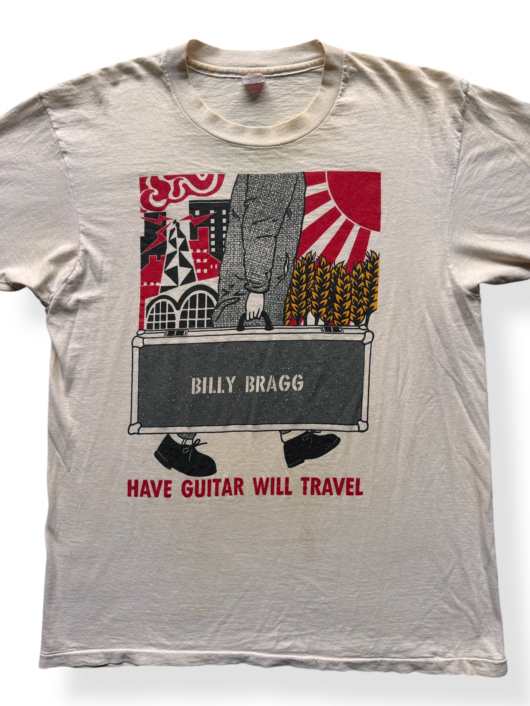 Front Close Up of Vintage Billy Bragg Have Guitar Will Travel Band Tee SZ L