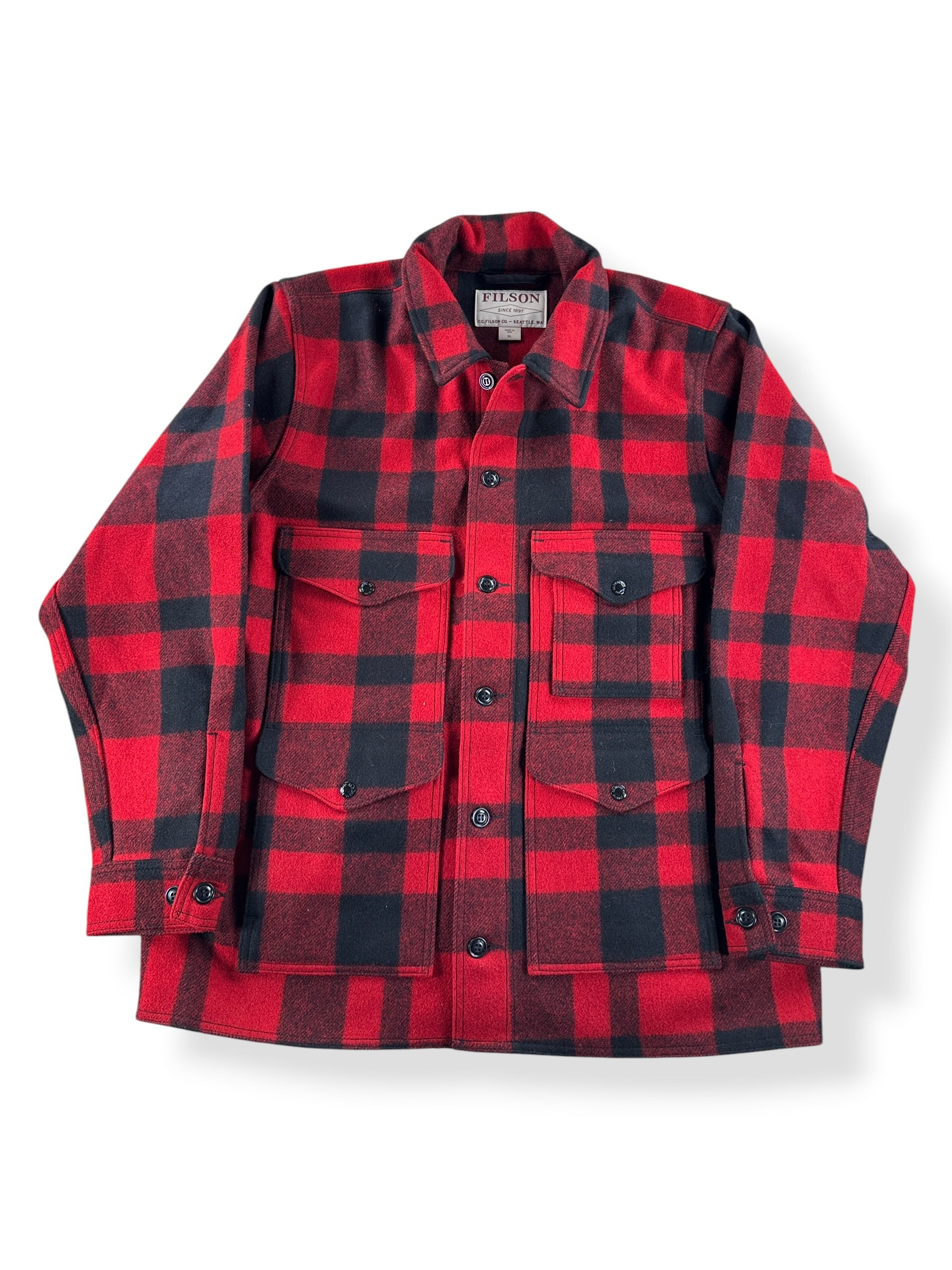 Front of Filson Red Black Mackinaw Wool Cruiser SZ XL