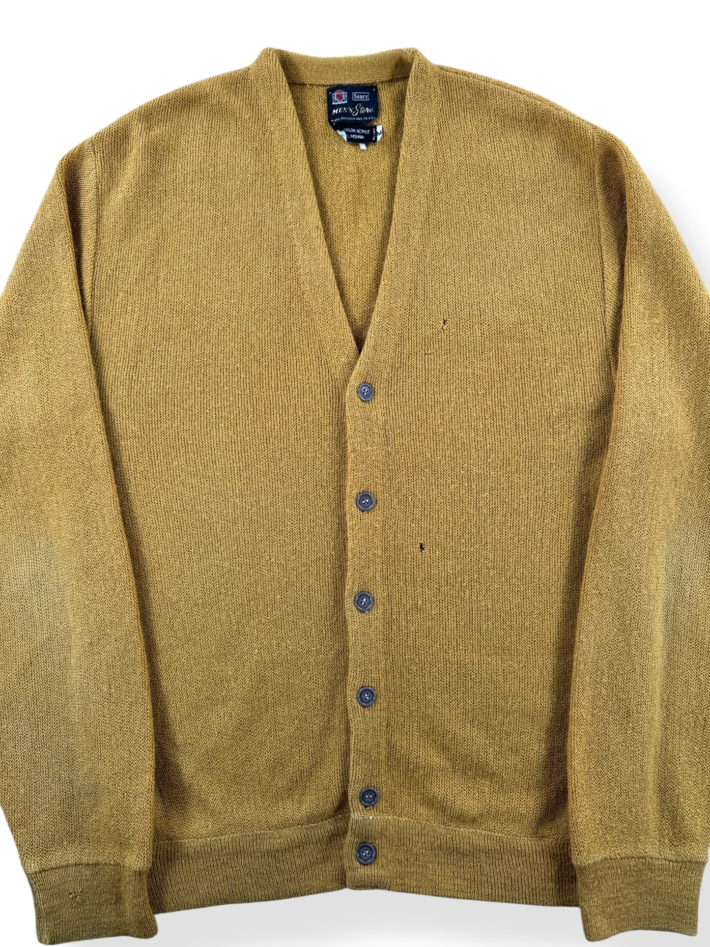 Front Close Up of Vintage Sear's Men Store Gold Mohair Cardigan SZ M AS IS