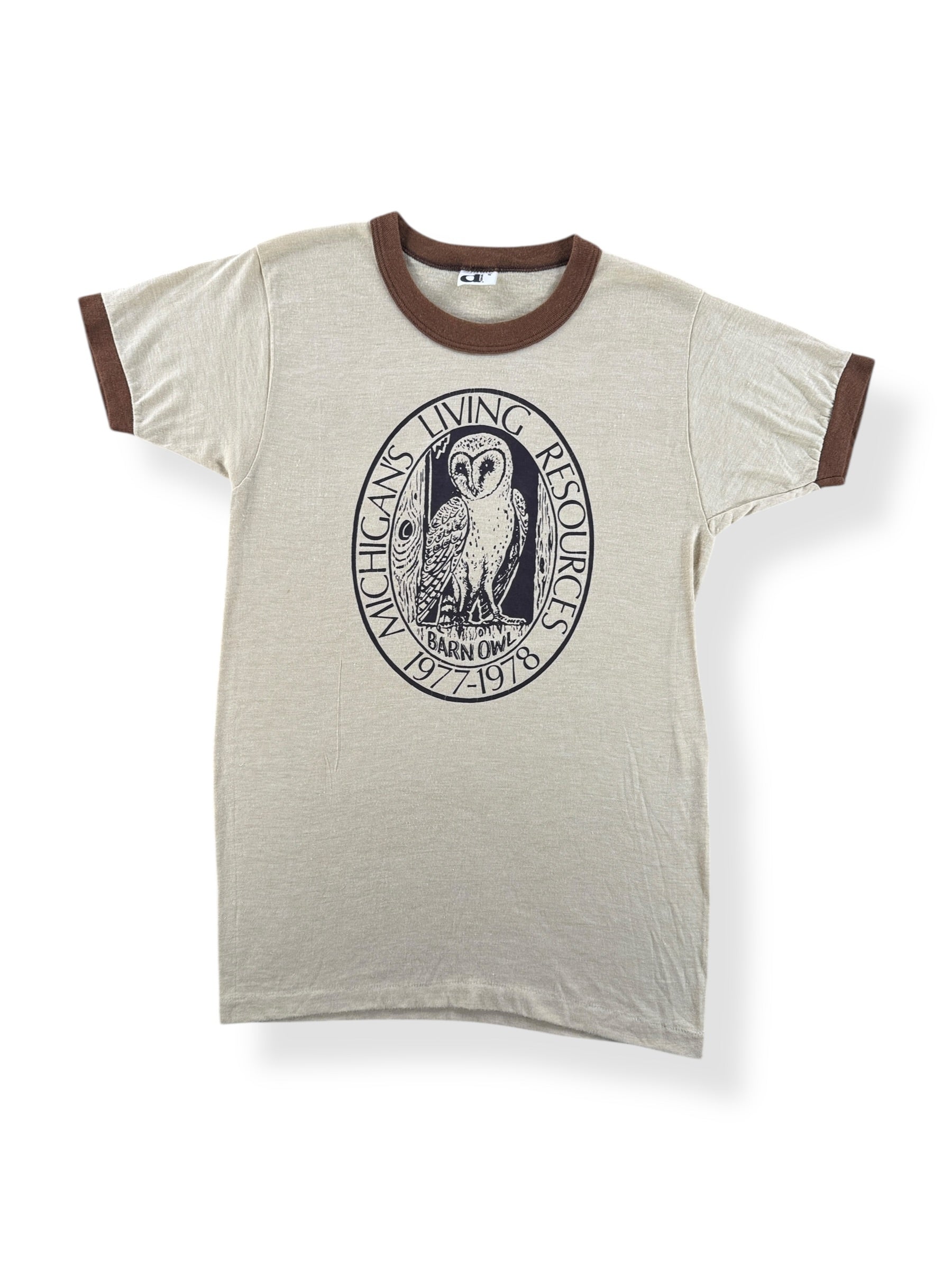 Front of Vintage 70s Barn Owl Ringer Tee SZ S (Fits XS)