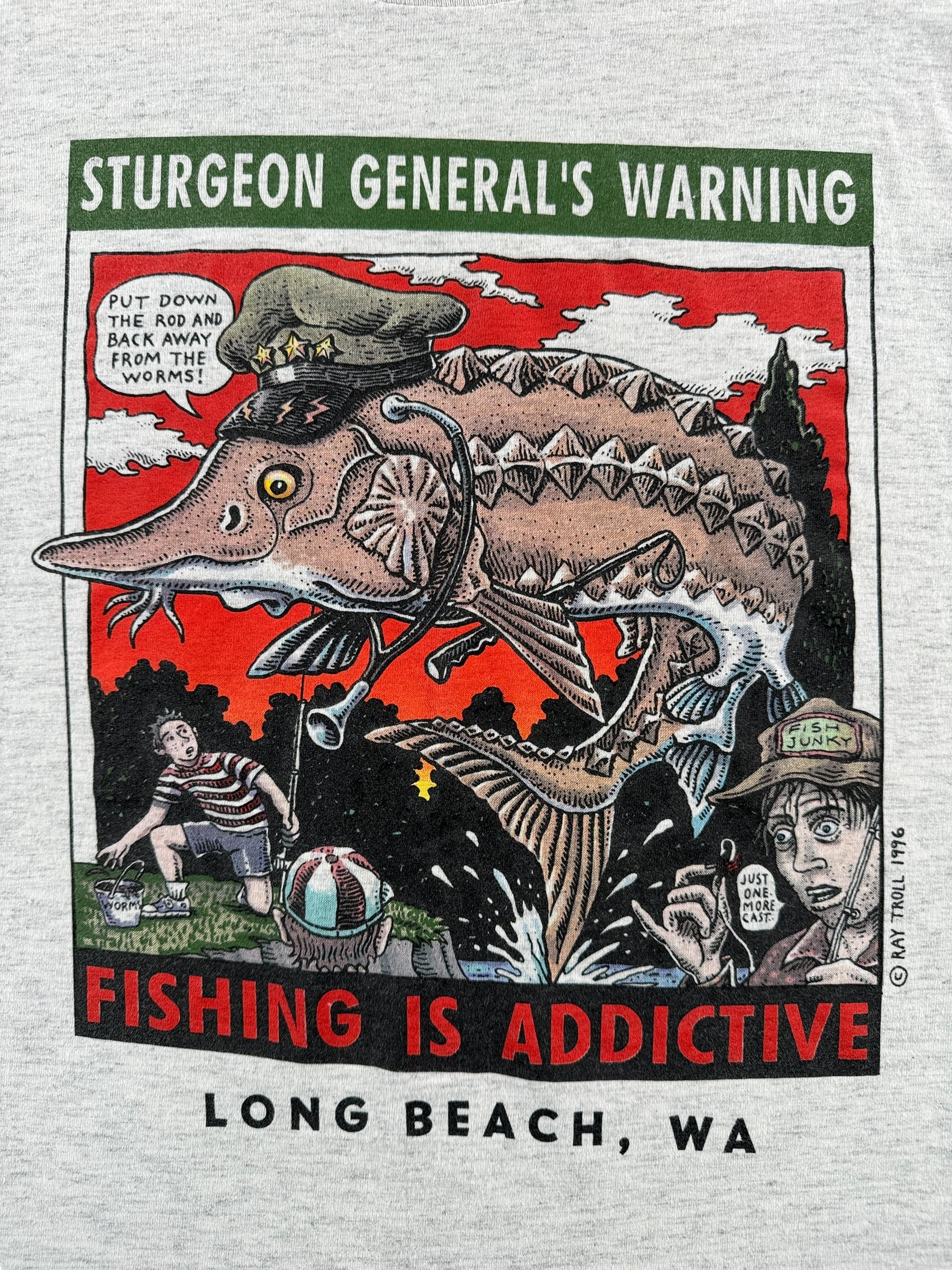 Front Graphic of Vintage Ray Troll Sturgeon General Tee SZ XL