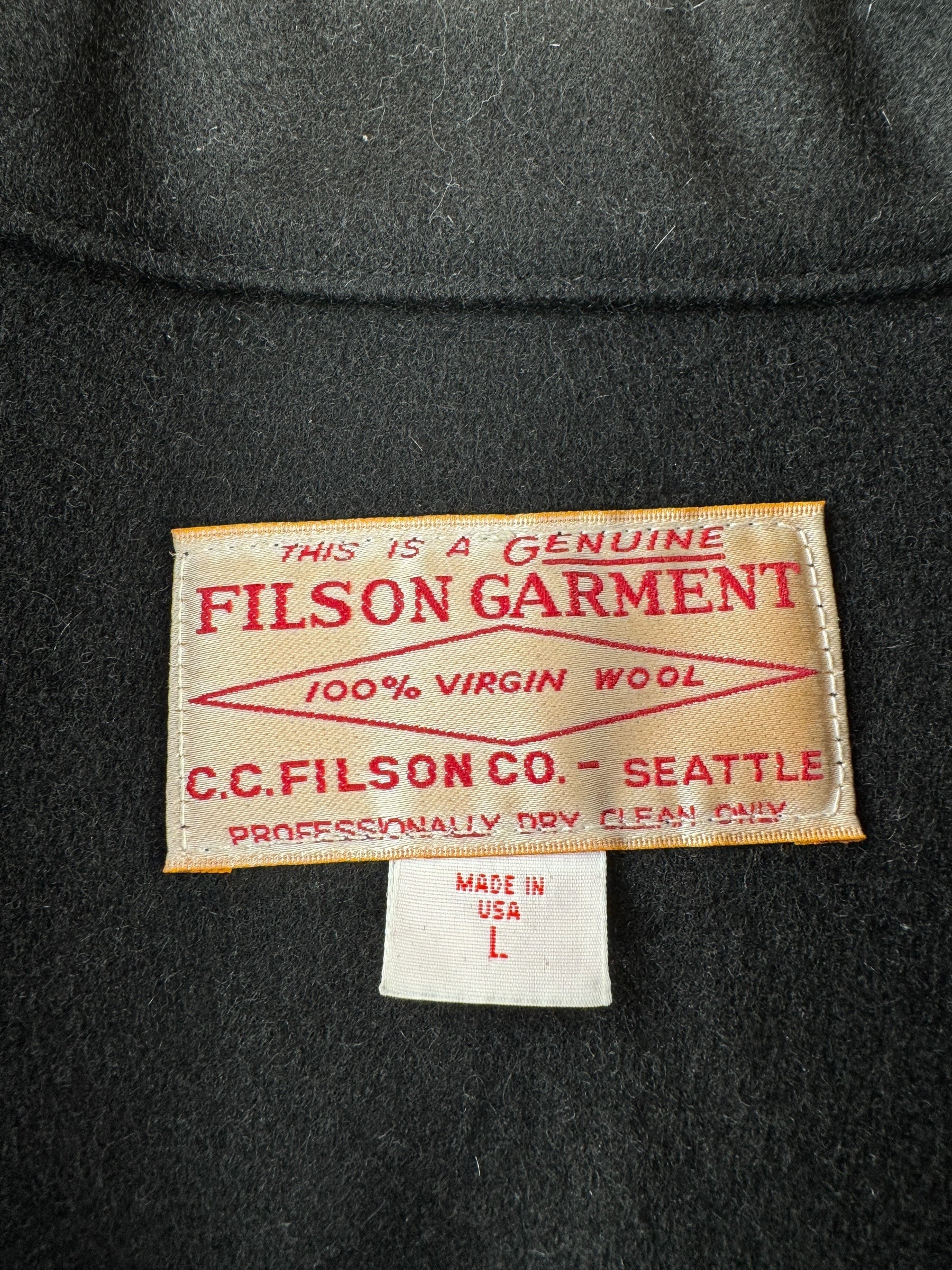 Label on Filson Cape Coat SZ L