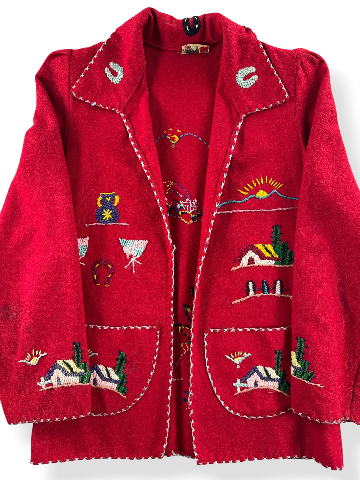 Front Close Up of Vintage Lopez Mexican Embroidered Coat SZ XS