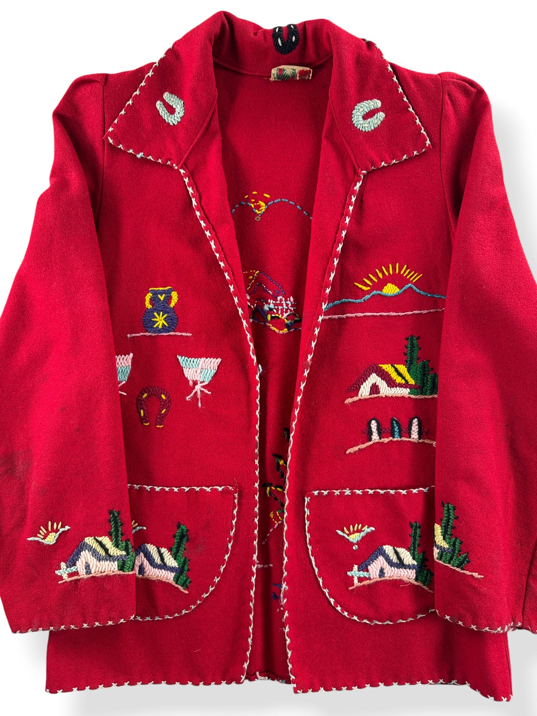 Front Close Up of Vintage Lopez Mexican Embroidered Coat SZ XS
