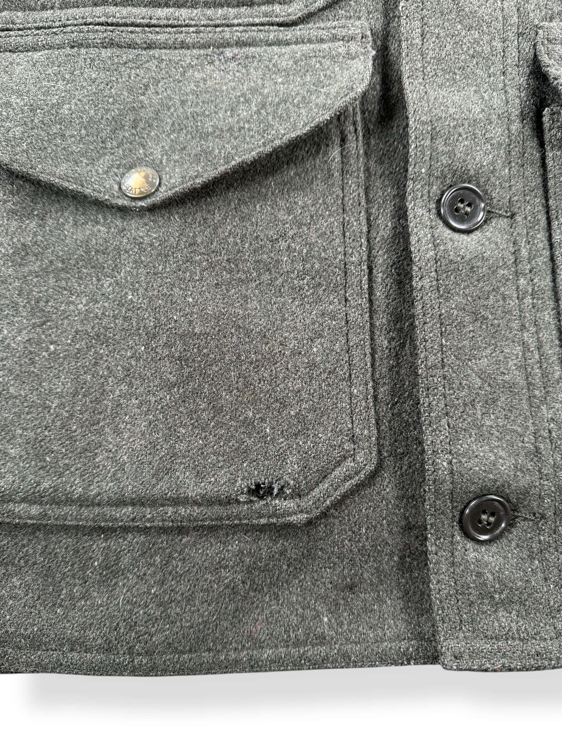 Hole on Pocket of Vintage Union Made Filson Mackinaw Green Cruiser SZ 48