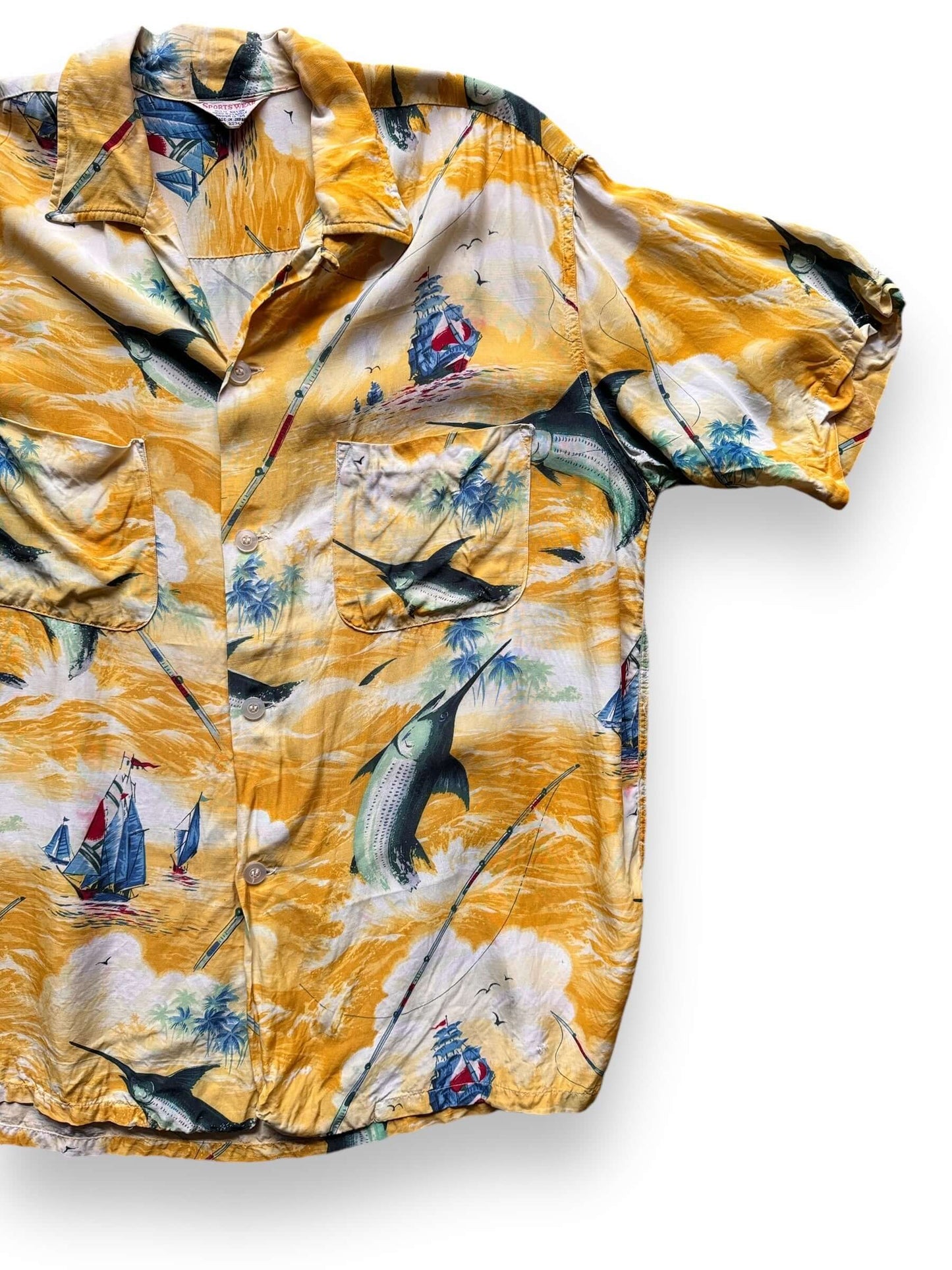 Front Left View of Vintage Sportswear Fishing Motif Aloha Shirt SZ M