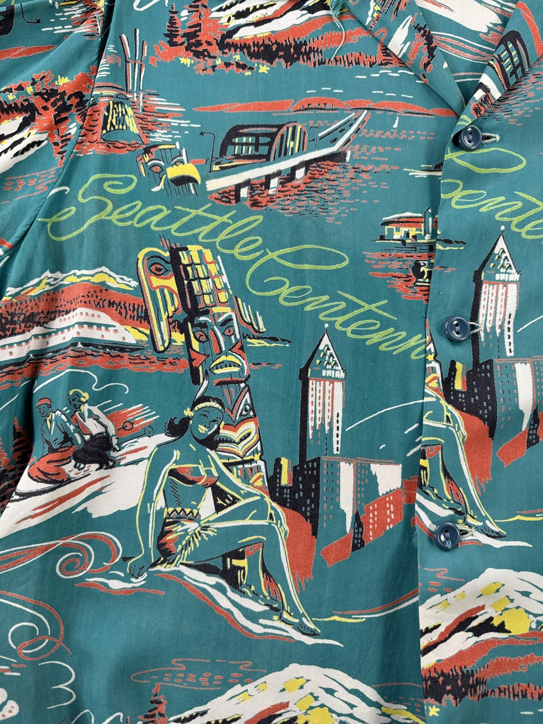 Design on Vintage Blue Driftwood Seattle Centennial Aloha Shirt SZ M