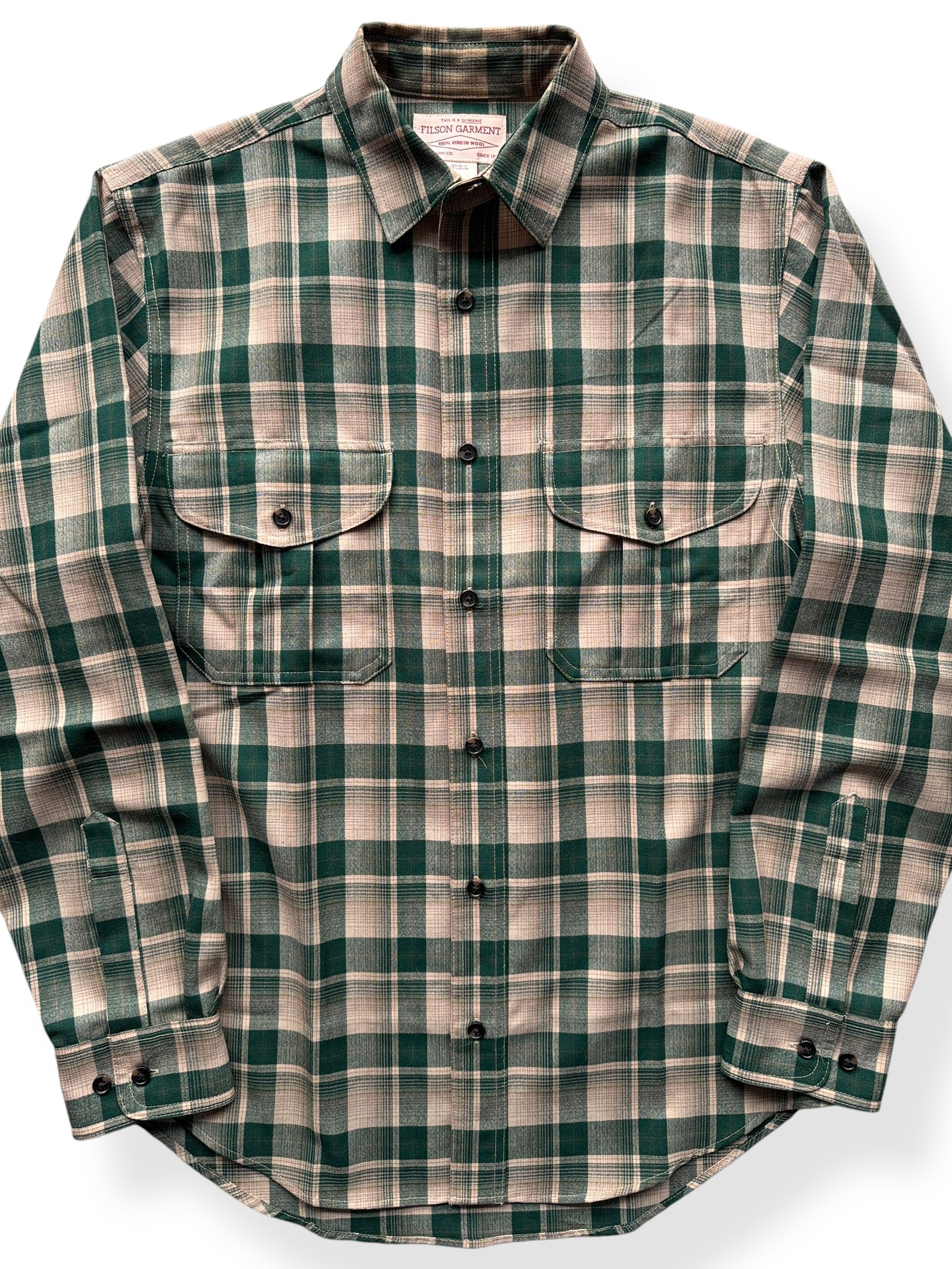 Front Close Up of Filson Merino Wool Green Tan Plaid Guide Shirt SZ S