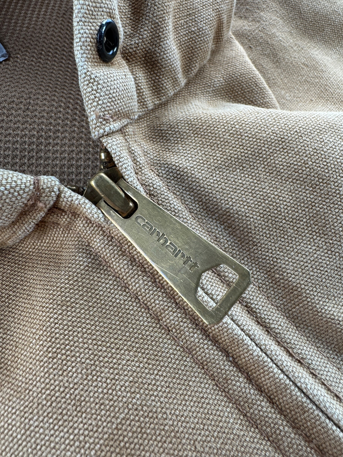 Zipper on Carhartt Tan Hooded Jacket SZ L