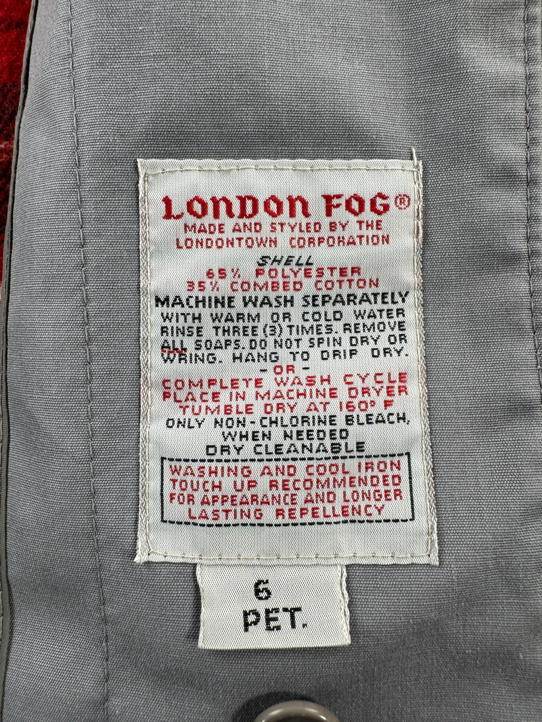 Care Tag on Vintage Grey London Fog Lined Trench Coat SZ M
