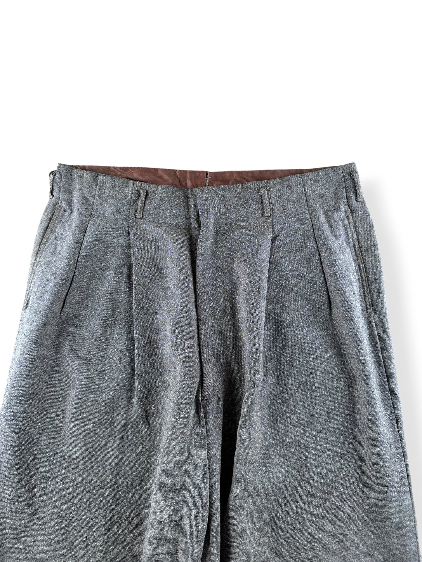 Front Close Up of Vintage Flecked Wool Rayon Drop Loop Trousers W34