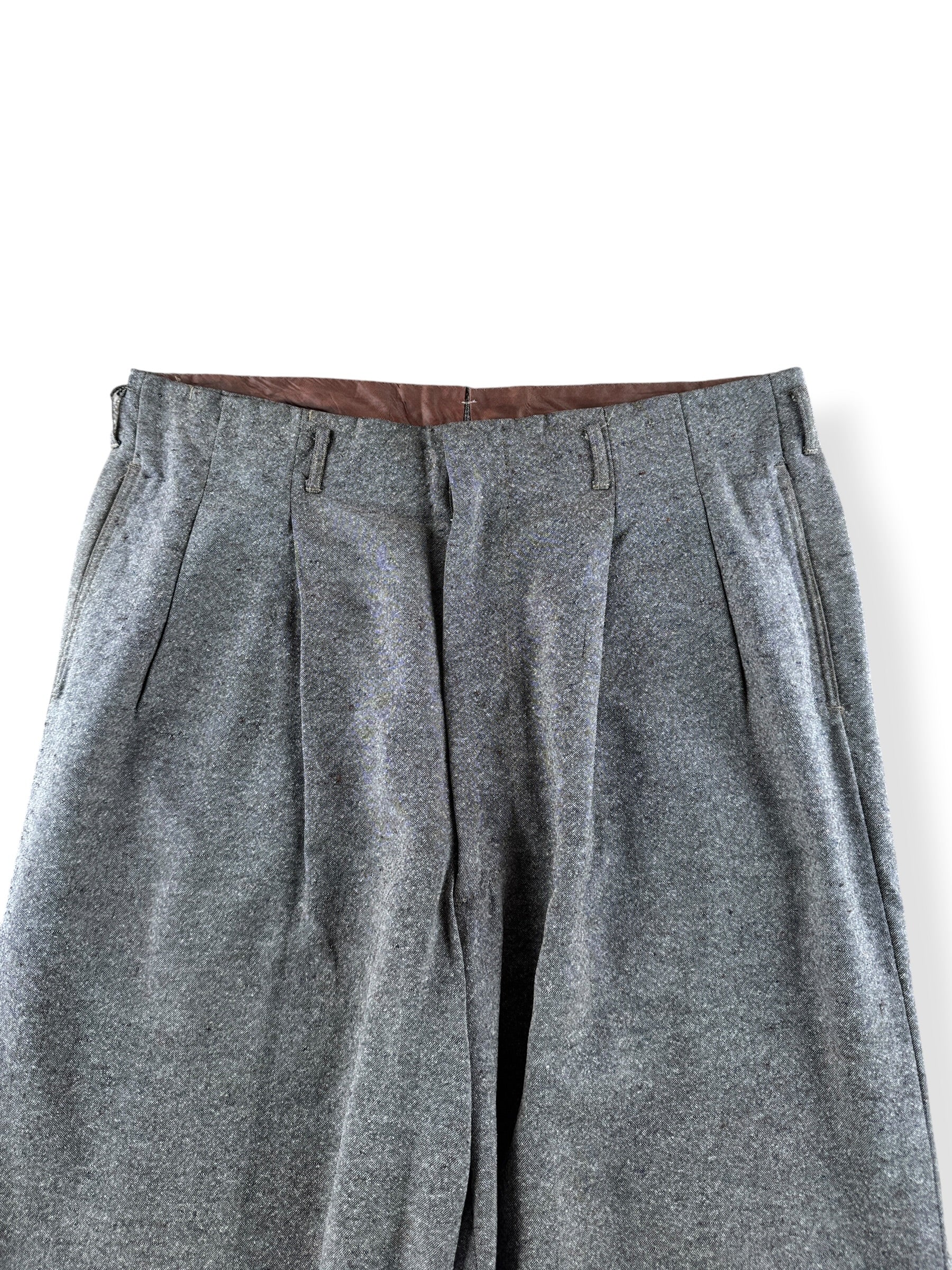 Front Close Up of Vintage Flecked Wool Rayon Drop Loop Trousers W34