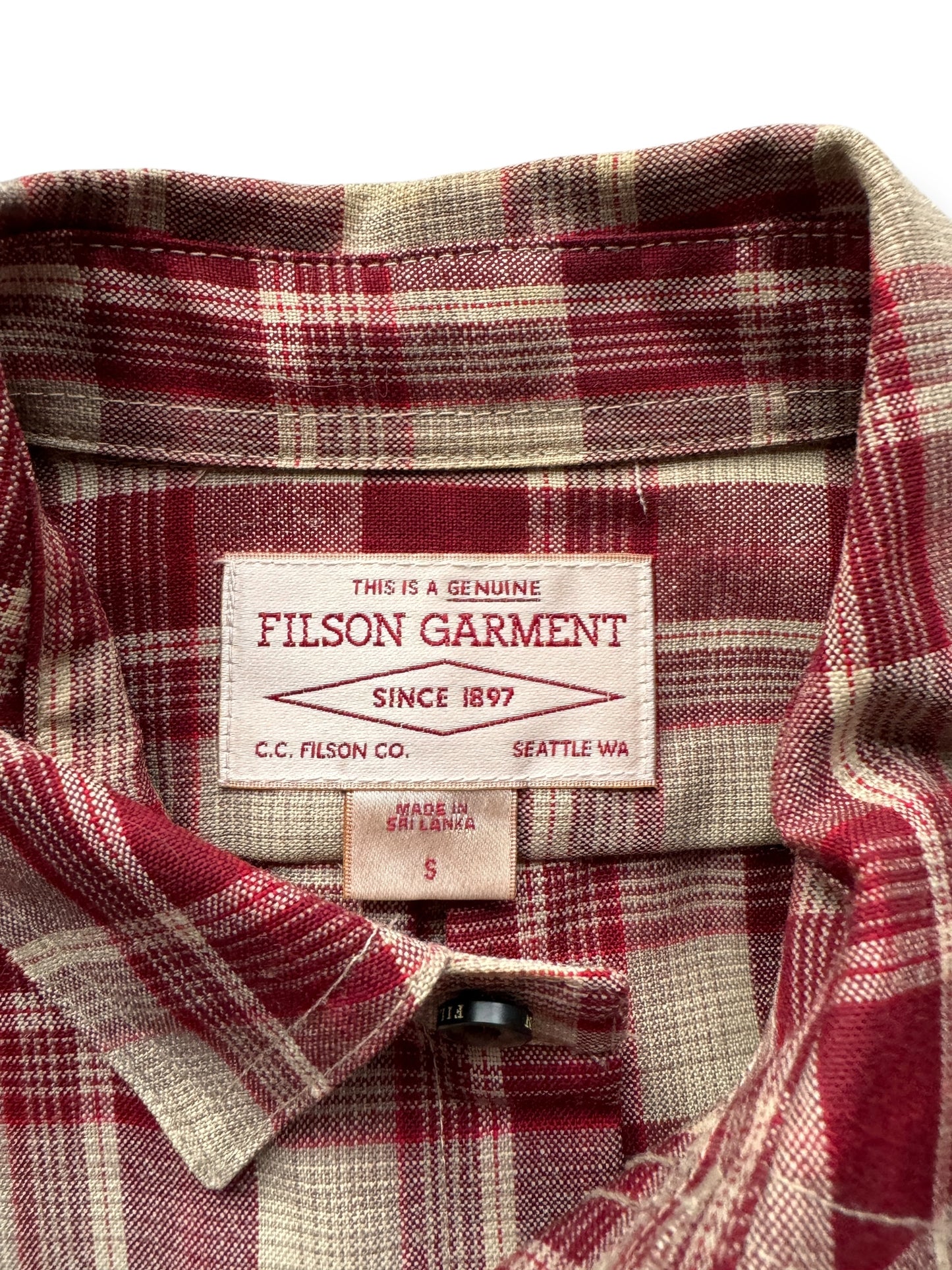 Tag on Filson Merino Wool Red Tan Plaid Guide Shirt SZ S