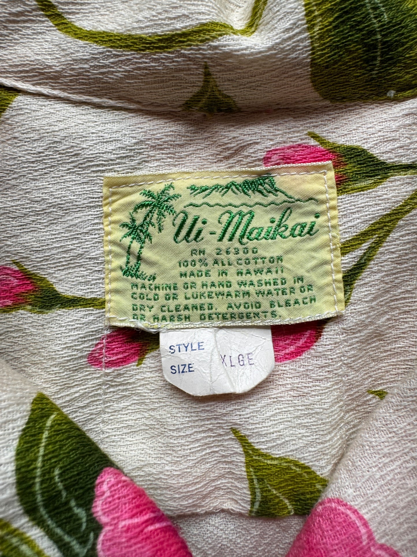 tag on Vintage Ui-Maikai Barkcloth Aloha Shirt SZ XL