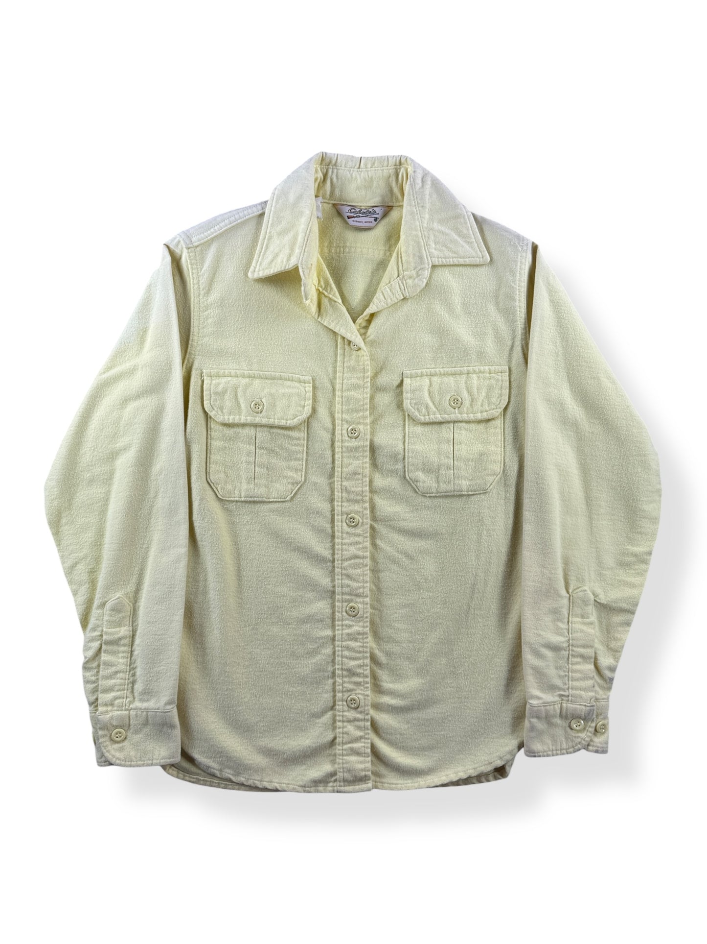 Front of Vintage Cabelas Yellow Chamois Cloth Shirt SZ XS