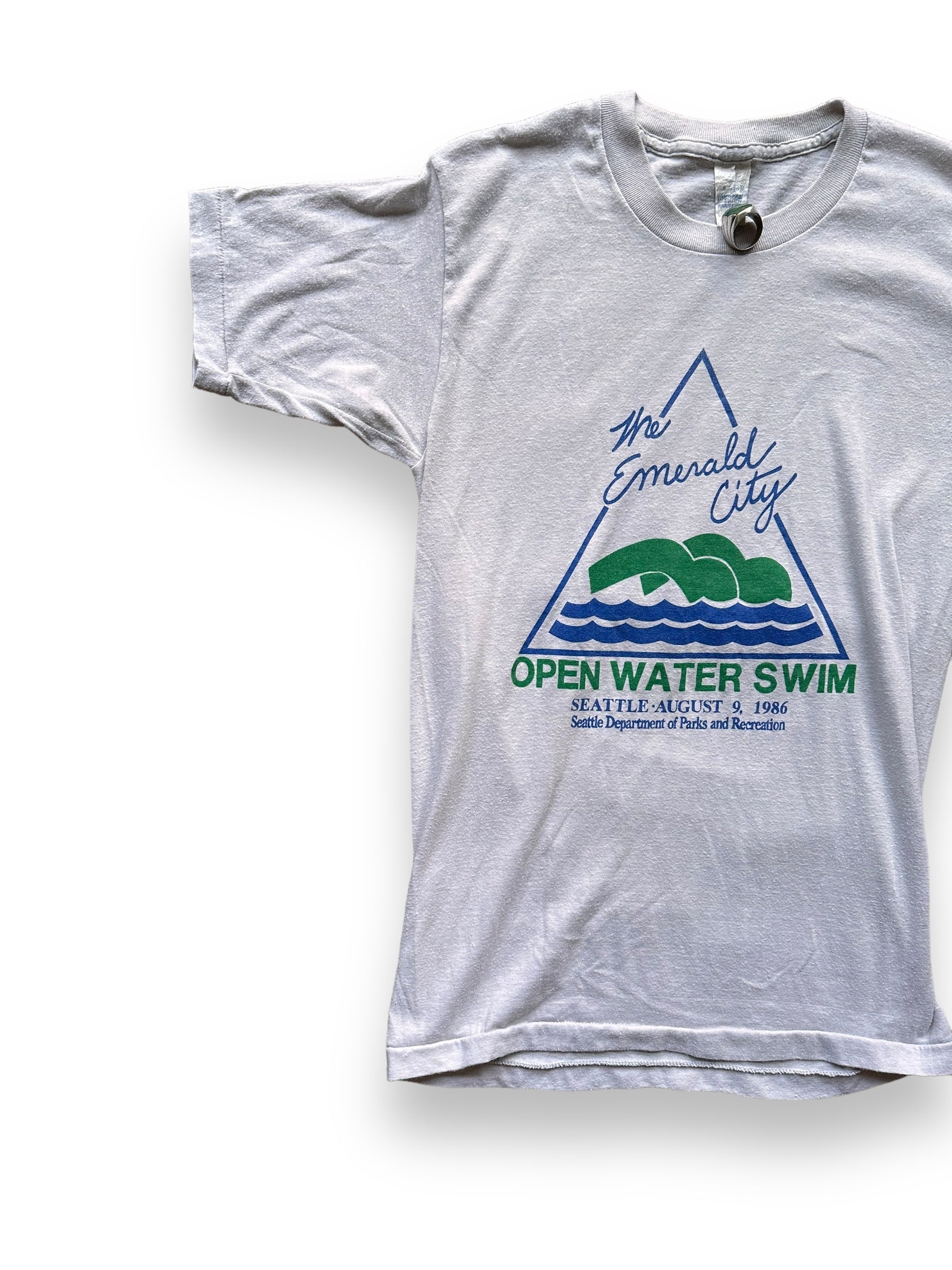 Front Right View of Vintage Emerald City Open Water Swim Tee SZ M | Barn Owl Vintage Tees | Vintage Graphic Tees Seattle