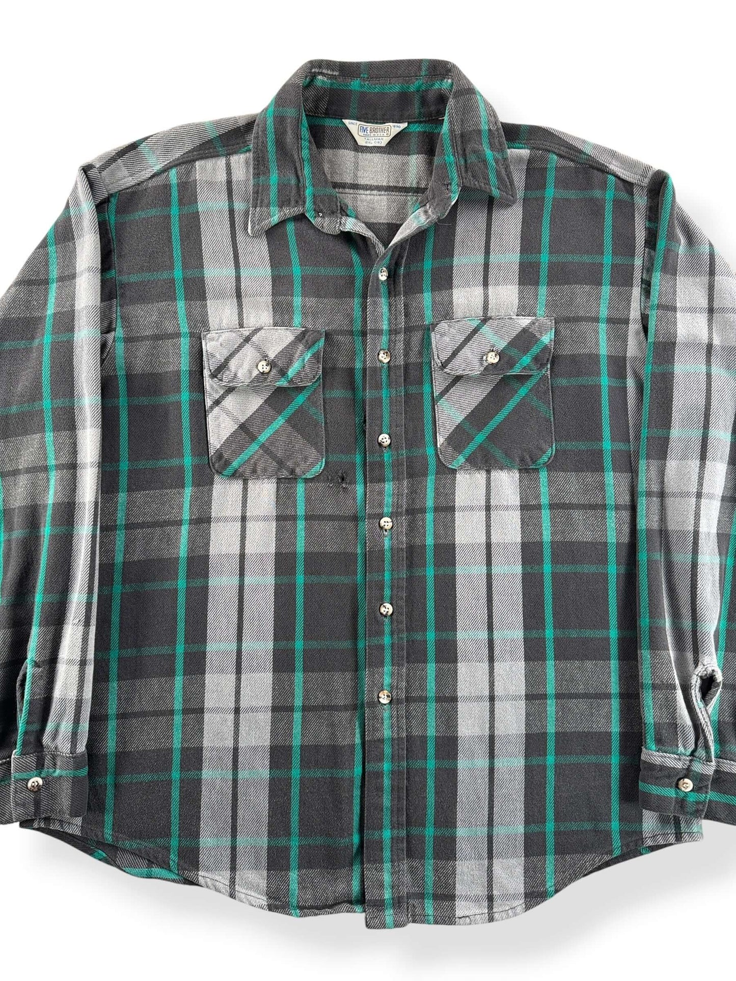 Front Close Up of Vintage Five Brothers Grey and Green Cotton Flannel SZ XXL Tall