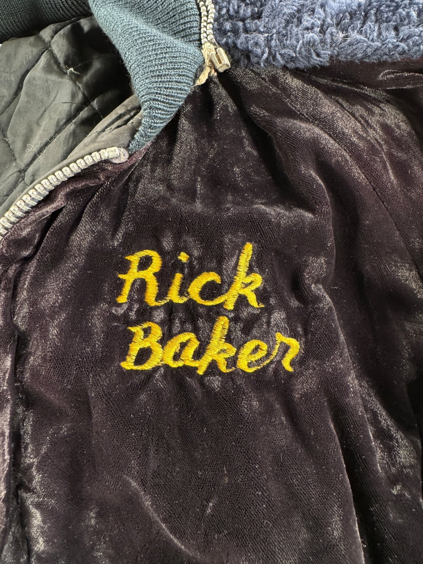 Name Embroidery on Vintage Velvet Korea Hooded Souvenir Jacket SZ M - AS IS